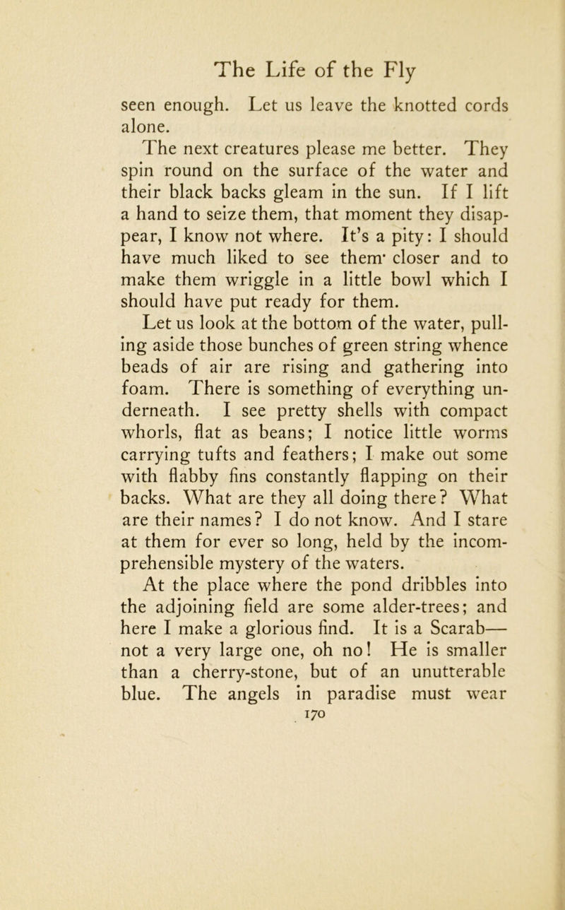 seen enoiigh. Let us leave the knotted cords alone. The next créatures please me better. They spin round on the surface of the water and their black backs gleam in the sun. If I lift a hand to seize them, that moment they disap- pear, I know not where. It’s a pity: I should hâve much liked to see them* doser and to make them wriggle in a little bowl which I should hâve put ready for them. Let us look at the bottom of the water, pull- ing aside those bunches of green string whence beads of air are rising and gathering into foam. There is something of everything un- derneath. I see pretty shells with compact whorls, flat as beans; I notice little worms carrying tufts and feathers; I make out some with flabby fins constantly flapping on their backs. What are they ail doing there? What are their names? I do not know. And I stare at them for ever so long, held by the incom- préhensible mystery of the waters. At the place where the pond dribbles into the adjoining field are some alder-trees; and here I make a glorious find. It is a Scarab— not a very large one, oh no! He is smaller than a cherry-stone, but of an unutterable blue. The angels in paradise must wear