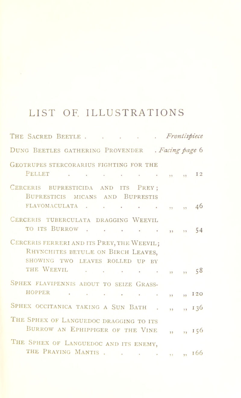 LIST OF. ILLUSTRATIONS The Sacred Beetle ..... Fronlispiece Dung Beetles gathering Provender . Facingpage 6 GEOTRUPES STERCORARIUS FIGHT1NG FOR THE PELLET ...... 1) 12 Cerceris bupresticida and its Prey ; BUPRESTICIS M1CANS AND BUPRESTIS FLAVOMACULATA . . . . . „ „ 46 Cerceris tuberculata dragging Weevil TO ITS Burrow 54 Cerceris ferreri and its Prey,thk Weevil; Rhynchites betulæ on Birch Leaves, showing two leaves rolled up by the Weevil „ 58 Sphex flavipennis about TO seize Grass- HOPPER „ „ 120 Sphex occitanica taking a Sun Bath . „ „ 136 The Sphex of Languedoc dragging to its Burrow AN EPHIPPIGER OF THE VlNE „ ,, I 56 Iiie Sphex of Languedoc and its enemy, THE PRAYING MaNTIS . . . .,,,,166