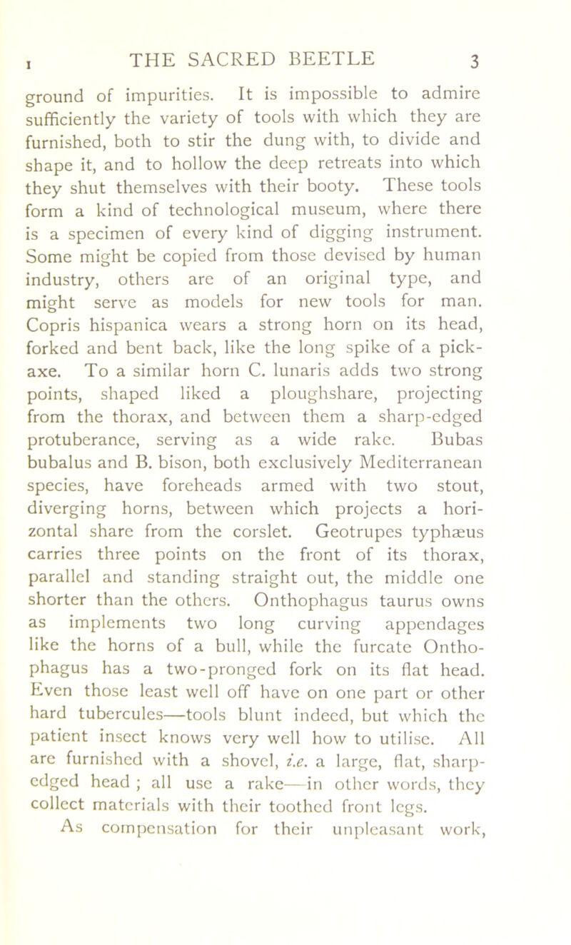 ground of impurities. It is impossible to admire sufficiently the variety of tools with vvhich they are furnished, both to stir the dung with, to divide and shape it, and to hollow the deep retreats into which they shut themselves with their booty. These tools form a kind of technological muséum, where there is a specimen of every kind of digging instrument. Some might be copied from those devised by human industry, others are of an original type, and might serve as models for new tools for man. Copris hispanica wears a strong horn on its head, forked and bent back, like the long spike of a pick- axe. To a similar horn C. lunaris adds two strong points, shaped liked a ploughshare, projecting from the thorax, and between them a sharp-edged protubérance, serving as a wide rake. Bubas bubalus and B. bison, both exclusively Mediterranean species, hâve foreheads armed with two stout, diverging horns, between which projects a hori- zontal share from the corslet. Geotrupes typhæus carries three points on the front of its thorax, parallcl and standing straight out, the middle one shorter than the others. Onthophagus taurus owns as implements two long curving appendages like the horns of a bull, while the furcate Ontho- phagus has a two-pronged fork on its fiat head. Even those least well off hâve on one part or other hard tubercules—tools blunt indeed, but which the patient insect knows very well how to utilise. Ail are furnished with a shovel, i.e. a large, fiat, sharp- edged head ; ail use a rake—in other words, they collect matcrials with their toothed front legs. As compensation for their unpleasant work,