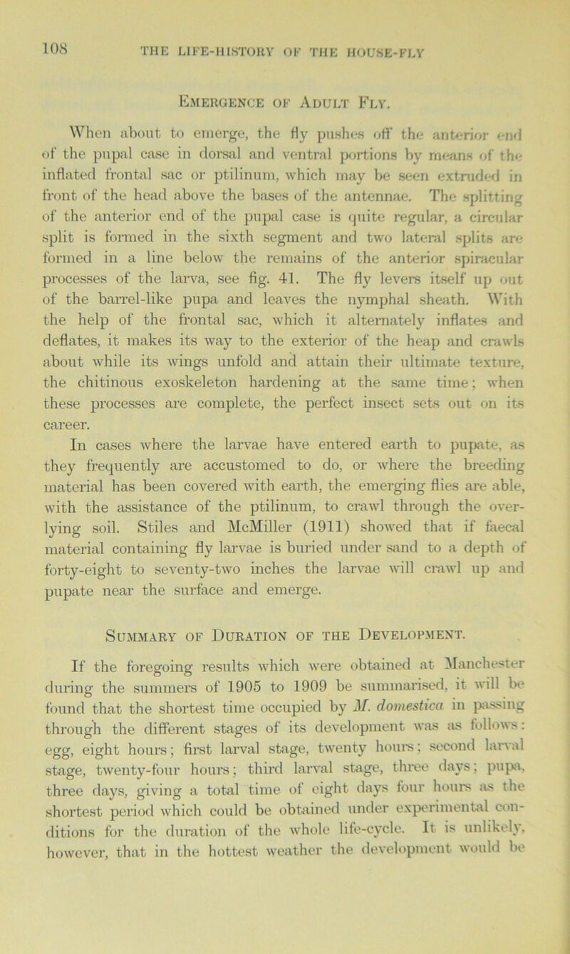 Emergence of Adult Fly. When about to emerge, the fly pushes off th<- anterior end of the pupal case in dorsal and ventral portions by means of the inflated frontal sac or ptilinum, which may be seen extruded in front of the head above the bases of the antennae. The splitting of the anterior end of the pupal case is quite regular, a circular split is formed in the sixth segment and two lateral splits are- formed in a line below the remains of the anterior spiracular processes of the larva, see fig. 41. The fly levers itself up out of the barrel-like pupa and leaves the nymphal sheath. With the help of the frontal sac, which it alternately inflates and deflates, it makes its way to the exterior of the heap and crawls about while its wings unfold and attain their ultimate texture, the chitinous exoskeleton hardening at the same time; when these processes are complete, the perfect insect sets out on its career. In cases where the larvae have entered earth to pupate, as they frequently are accustomed to do, or where the breeding material has been covered with earth, the emerging flies are able, with the assistance of the ptilinum, to crawl through the over- lying soil. Stiles and McMiller (1911) showed that if faecal material containing fly larvae is buried under sand to a depth of forty-eight to seventy-two inches the larvae will crawl up and pupate near the surface and emerge. Summary of Duration of the Development. If the foregoing results which were obtained at Manchester during the summers of 1905 to 1909 be summarised, it will be found that the shortest time occupied by M. domestica in pissing through the different stages of its development was as follows: egg, eight hours; first larval stage, twenty hours; second larval stage, twenty-four hours; third larval stage, three days; pupa, three days, giving a total time of eight days four hours as the shortest period which could be obtained under experimental con- ditions for the duration of the whole life-cycle. It is unlikely, however, that in the hottest weather the development would be