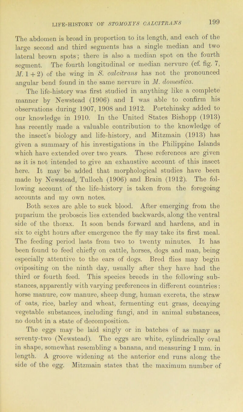 The abdomen is broad in proportion to its length, and each of the large second and third segments has a single median and two lateral brown spots; there is also a median spot on the fourth segment. The fourth longitudinal or median nervure (cf. fig. 7, M. 1+2) of the wing in S. calcitrans has not the pronounced angular bend found in the same nervure in M. domestica. The life-history was first studied in anything like a complete manner by Newstead (1906) and I was able to confirm his observations during 1907, 1908 and 1912. Portchinsky added to our knowledge in 1910. In the United States Bishopp (1913) has recently made a valuable contribution to the knowledge of the insect’s biology and life-history, and Mitzmain (1913) has given a summary of his investigations in the Philippine Islands which have extended over two years. These references are given as it is not intended to give an exhaustive account of this insect here. It may be added that morphological studies have been made by Newstead, Tulloch (1906) and Brain (1912). The fol- lowing account of the life-history is taken from the foregoing accounts and my own notes. Both sexes are able to suck blood. After emerging from the puparium the proboscis lies extended backwards, along the ventral side of the thorax. It soon bends forward and hardens, and in six to eight hours after emergence the fly may take its first meal. The feeding period lasts from two to twenty minutes. It has been found to feed chiefly on cattle, horses, dogs and man, being especially attentive to the ears of dogs. Bred flies may begin ovipositing on the ninth day, usually after they have had the third or fourth feed. This species breeds in the following sub- stances, apparently with varying preferences in different countries : horse manure, cow manure, sheep dung, human excreta, the straw of oats, rice, barley and wheat, fermenting cut grass, decaying vegetable substances, including fungi, and in animal substances, no doubt in a state of decomposition. The eggs may be laid singly or in batches of as many as seventy-two (Newstead). The eggs are white, cylindrically oval in shape, somewhat resembling a banana, and measuring 1 mm. in length. A groove widening at the anterior end runs along the side of the egg. Mitzmain states that the maximum number of