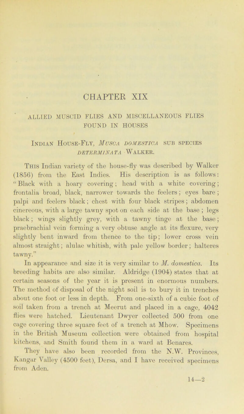 ALLIED MUSCID FLIES AND MISCELLANEOUS FLIES FOUND IN HOUSES Indian House-Fly, Muse a domestic a sub species DETERM I NAT A WALKER. This Indian variety of the house-fly was described by Walker (1856) from the East Indies. His description is as follows: “ Black with a hoary covering; head with a white covering; frontalia broad, black, narrower towards the feelers; eyes bare ; palpi and feelers black; chest with four black stripes; abdomen cinereous, with a large tawny spot on each side at the base ; legs black; wings slightly grey, with a tawny tinge at the base; praebrachial vein forming a very obtuse angle at its flexure, very slightly bent inward from thence to the tip; lower cross vein almost straight; alulae whitish, with pale yellow border; halteres tawny.” In appearance and size it is very similar to M. domestica. Its breeding habits are also similar. Aldridge (1904) states that at certain seasons of the year it is present in enormous numbers. The method of disposal of the night soil is to bury it in trenches about one foot or less in depth. From one-sixth of a cubic foot of soil taken from a trench at Meerut and placed in a cage, 4042 flies were hatched. Lieutenant Dwyer collected 500 from one cage covering three square feet of a trench at Mhow. Specimens in the British Museum collection were obtained from hospital kitchens, and Smith found them in a ward at Benares. They have also been recorded from the N.W. Provinces, Kangar Valley (4500 feet), Dersa, and I have received specimens from Aden. 14—2