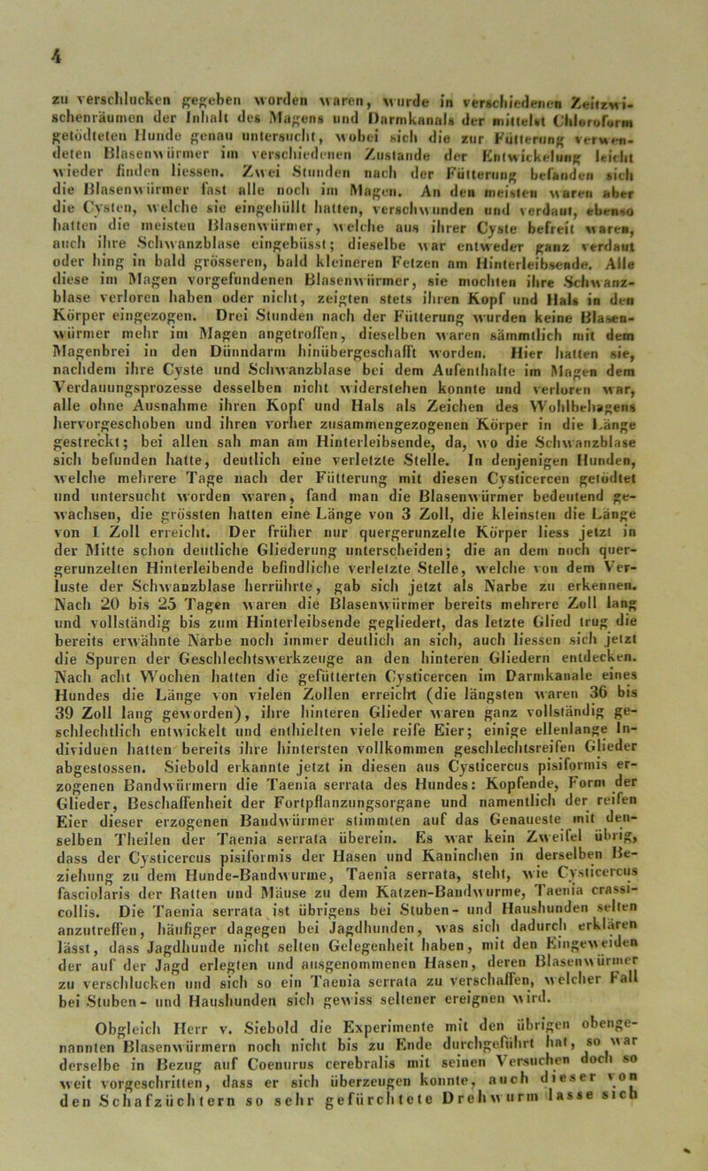 zu verscliliicken pfep;eben Morden Maren, Murde in verBcliiedenen ZeitzMi*. schenräumen der Inhalt des Malens und »armkanals der niilteUt Cliiororurm getodtefen Hunde {^enau untersiiclit, Mohei m'cIi die zur Fütterung verMi-n- deten BlaseiiM iirmer iin vcrscliiednien Zustande der EiiIm itkelung leidit Mieder linden Hessen. Zmci .Stunden nach der Fütterung befanden sich die HlaseiiM iirmer fast alle noch ini Magen. An den meisten Maren aber die Cvsien, m eiche sie eingehiillt hatten, vcrscliM linden und verdaut, ebenso halten die meisten IJlaseiiMiirmer, meiche aus ihrer Cyste befreit Maren, auch ihre ScIim anzblase oingebiissl; dieselbe m ar entM eder ganz verdaut oder hing in bald grösseren, bald kleineren Fetzen am Hinterleibsende. Alle diese im Magen Vorgefundenen BlasenMiirmer, sie mochten ihre .ScIimanz- blase verloren haben oder nicht, zeigten stets ihren Kopf und Hais in den Körper eingezogen. Drei Stunden nach der Fütterung Murden keine Blasen- Miirmer mehr ini Magen angetrolTen, dieselben Maren sämmtlich mit dem Magenbrei in den Dünndarm hinübergeschalTt Morden. Hier halten sie, nachdem ihre Cyste und ScliManzblase bei dem Aufenthalte im Magen dem Verdauungsprozesse desselben nicht Miderslehen konnte und verluren Mar, alle ohne Ausnahme ihren Kopf und Hals als Zeichen des Wohlbehagens hervorgeschoben und ihren vorher zusammengezogenen Körper in die l.änge gestreckt; bei allen sah man am Hinterleibsende, da, mo die .ScliManzblase sich befunden hatte, deutlich eine verletzte Stelle. In denjenigen Hunden, M eiche mehrere Tage nach der Fütterung mit diesen Cysticercen geiödtet und untersucht Morden Maren, fand man die BlaseiiMÜrmer bedeutend ge- M’achsen, die grössten hatten eine Länge von 3 Zoll, die kleinsten die Länge von 1 Zoll erreicht. Der früher nur quergeninzelle Körper Hess jetzt in der Milte schon deutliche Gliederung unterscheiden; die an dem noch quer- gerunzelten Hinterleibende befindliche verletzte Stelle, welche von dem Ver- luste der ScliManzblase herrührte, gab sich jetzt als Narbe zu erkennen. Nach 20 bis 25 Tagen M aren die BlasenM iirmer bereits mehrere Zoll lang und vollständig bis ziiin Hinterleibsende gegliedert, das letzte Glied trug die bereits erwähnte Narbe noch immer deutlich an sich, auch Hessen sich jetzt die Spuren der GeschlechtsMerkzeuge an den hinteren Gliedern entdecken. Nach acht Wochen hatten die gerütterten Cysticercen iin Darmkanale eines Hundes die Länge von vielen Zollen erreiclit (die längsten Maren 36 bis 39 Zoll lang gCMOrden), ihre hinteren Glieder Maren ganz vollständig ge- schlechtlich entMickelt und enthielten viele reife Eier; einige ellenlange In- dividuen hatten bereits ihre hintersten vollkommen geschlechtsreifeii Glieder abgestossen. .Siebold erkannte jetzt in diesen aus Cysticercus pisiformis er- zogenen BandMÜrinern die Taenia serrata des Hundes: Kopfende, Form der Glieder, Beschaffenheit der Fortpflaiiziingsorgane und namentlich der reifen Eier dieser erzogenen BaiidMÜriner stimmten auf das Genaueste mit den- selben Theüen der Taenia serrata überein. Es Mar kein ZMeifel übrig, dass der Cysticercus pisiformis der Hasen und Kaninchen in derselben Be- ziehung zu dem Hunde-BandMuruie, Taenia serrata, steht, Mie Cysticercus fasciolaris der Ratten und Mäuse zu dem Kalzen-BandM urme, Taenia crassi- colHs. Die Taenia serrata ist übrigens bei Stuben- und Haushunden selten anzutrefl'en, häufiger dagegen bei Jagdhunden, Mas sich dadurch erklären lässt, dass Jagdhunde nicht selten Gelegenheit haben, mit den KingeMeiden der auf der Jagd erlegten und aiisgenomineiien Hasen, deren BlaseiiMÜrmer ZU verschlucken und sich so ein Taenia serrala zu verschafTeni welcher Fall bei .Stuben- und Haushunden sich geMiss seltener ereignen Mird. Obgleich Herr v. Siebold die E\perlmente mit den übrigen obenge- nannten BlasenMürmern noch nicht bis zu Finde durchgerührt hat, so Mar derselbe in Bezug auf Coenuriis cerebralis mit seinen Versuchen doch so M’eit vorgeschritten, dass er sich überzeugen konnte, auch dieser den Sch afzüch lern so sehr gefürchtete DreliMurm lasse sich