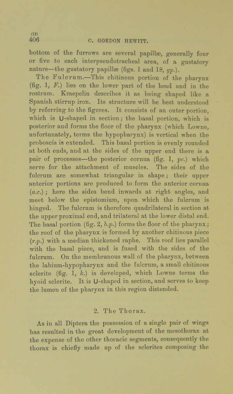 406 0. GORDON HEWITT. bottom of the furrows are several papillae, generally four or five to each interpseudotracheal area, of a gustatory nature—the gustatory papillae (figs. 1 and 18, gj).). The Fulcrum.—This cliitinous portion of the pharynx (fig. 1, F.) lies on the lower part of the head and in the rostrum. Kraepelin describes it as being shaped like a Spanish stirrup iron. Its structure will be best understood by referring to the figures. It consists of an outer portion, which is U-shaped in section; the basal portion, which is posterior and forms the floor of the pharynx (which Lowne, unfortunately, terras the hypopharynx) is vertical when the proboscis is extended. This basal portion is evenly rounded at both ends, and at the sides of the upper end there is a pair of processes—the posterior cornua (fig. 1, pc.) which serve for the attachment of muscles. The sides of the fulcrum are somewhat triangular in shape; their upper anterior portions are produced to form the anterior cornua (a.c.) ; here the sides bend inwards at right angles, and meet below the epistomium, upon which the fulcrum is hinged. The fulcrum is therefore quadrilateral in section at the upper proximal end, and trilateral at the lower distal end. The basal portion (fig. 2, h.p.) forms the floor of the pharynx; the roof of the pharynx is formed by another chitinous piece {r.p.) with a median thickened raphe. This roof lies parallel with the basal piece, and is fused with the sides of the fulcrum. On the membranous wall of the pharynx, between the labium-hypopharynx and the fulcrum, a small chitinous sclerite (fig. 1, h.) is developed, which Lowne terms the hyoid sclerite. It is U-shaped in section, and serves to keep the lumen of the pharynx in this region distended. 2. The Thorax. As in all Diptera the possession of a single pair of wings has resulted in the great development of the mesothorax at the expense of the other thoracic segments, consequently the thorax is chiefly made up of the sclerites composing the