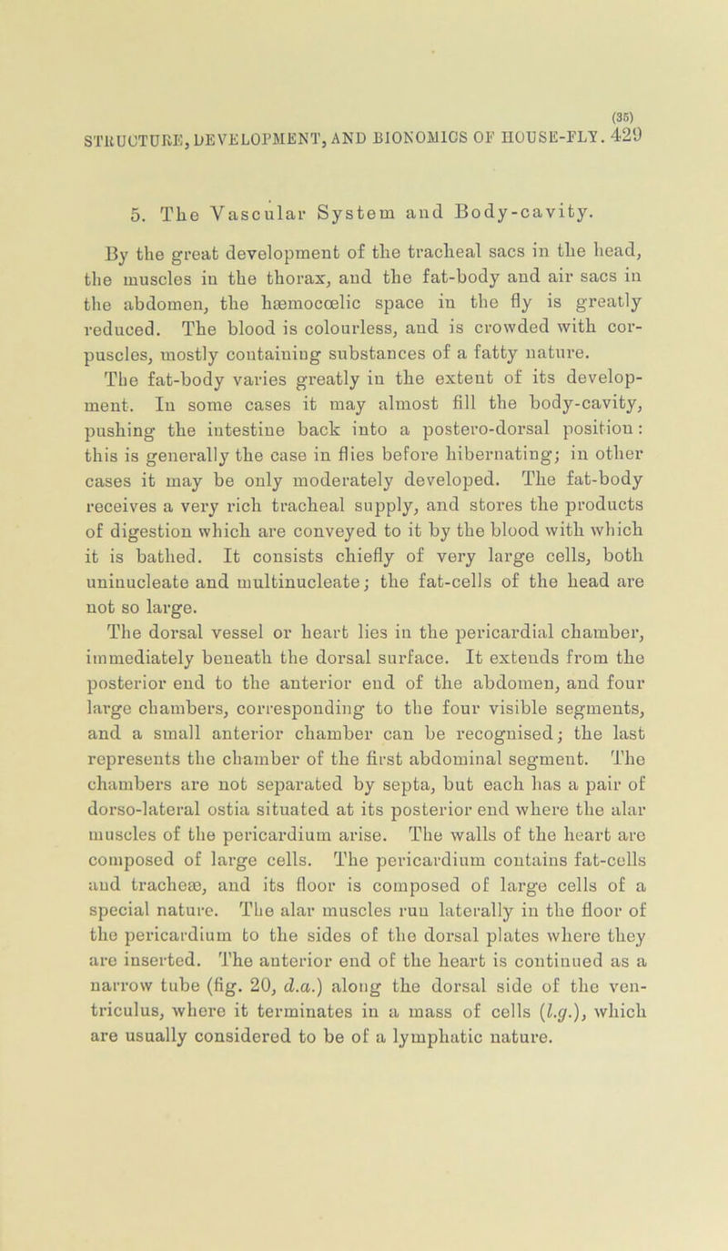 (36) STUUUTURE,DEVELOPMENT, AND BIONOMICS OE IIOUSE-ELT. 429 5. The Vascular System and Body-cavity. By the great development of the tracheal sacs in the head, the muscles in the thorax, and the fat-body and air sacs in the abdomen, the hasmocoelic space in the fly is greatly reduced. The blood is colourless, aud is crowded with cor- puscles, mostly containing substances of a fatty nature. The fat-body varies greatly in the extent of its develop- ment. In some cases it may almost fill the body-cavity, pushing the intestine back into a postero-dorsal position: this is generally the case in flies before hibernating; in other cases it may be only moderately developed. The fat-body receives a very rich tracheal supply, and stores the products of digestion which are conveyed to it by the blood with which it is bathed. It consists chiefly of very large cells, both uninucleate and multinucleate; the fat-cells of the head are not so large. The dorsal vessel or heart lies in the pericardial chamber, immediately beneath the dorsal surface. It extends from the posterior end to the anterior end of the abdomen, and four large chambers, corresponding to the four visible segments, and a small anterior chamber can be recognised; the last represents the chamber of the first abdominal segment. The chambers are not separated by septa, but each has a pair of dorso-lateral ostia situated at its posterior end where the alar muscles of the pericardium arise. The walls of the heart are composed of large cells. The pericardium contains fat-cells aud tracheaa, and its floor is composed of large cells of a special nature. The alar muscles ruu laterally in the floor of the pericardium to the sides of the dorsal plates where they are inserted. The anterior end of the heart is continued as a narrow tube (fig. 20, d.a.) along the dorsal side of the ven- triculus, where it terminates in a mass of cells (l.g.), which are usually considered to be of a lymphatic nature.