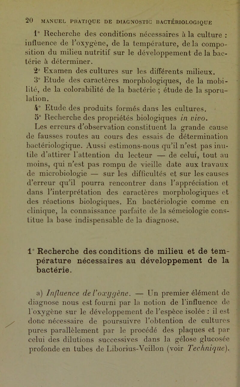 1° Recherche des conditions nécessaires à la culture : influence de l’oxygène, de la température, delà compo- sition du milieu nutritif sur le développement de la bac- térie à déterminer. 2° Examen des cultures sur les différents milieux. 3° Etude des caractères morphologiques, de la mobi- lité, de la colorabilité de la bactérie ; étude de la sporu- lation. 4° Etude des produits formés dans les cultures. 5° Recherche des propriétés biologiques in vivo. Les erreurs d’observation constituent la grande cause de fausses routes au cours des essais de détermination bactériologique. Aussi estimons-nous qu’il n’est pas inu- tile d’attirer l’attention du lecteur — de celui, tout au moins, qui n’est pas rompu de vieille date aux travaux de microbiologie — sur les difficultés et sur les causes d’erreur qu’il pourra rencontrer dans l’appréciation et dans l’interprétation des caractères morphologiques et des réactions biologiques. En bactériologie comme en clinique, la connaissance parfaite de la séméiologie cons- titue la base indispensable de la diagnose. 1° Recherche des conditions de milieu et de tem- pérature nécessaires au développement de la bactérie. a) Influence de!oxygène. — Un premier élément de diagnose nous est fourni par la notion de l’influence de l'oxygène sur le développement de l’espèce isolée : il est donc nécessaire de poursuAre l’obtention de cultures pures parallèlement par le procédé des plaques et par celui des dilutions successives dans la gélose glucosée profonde en tubes de Liborius-Veillon (voir Technique).