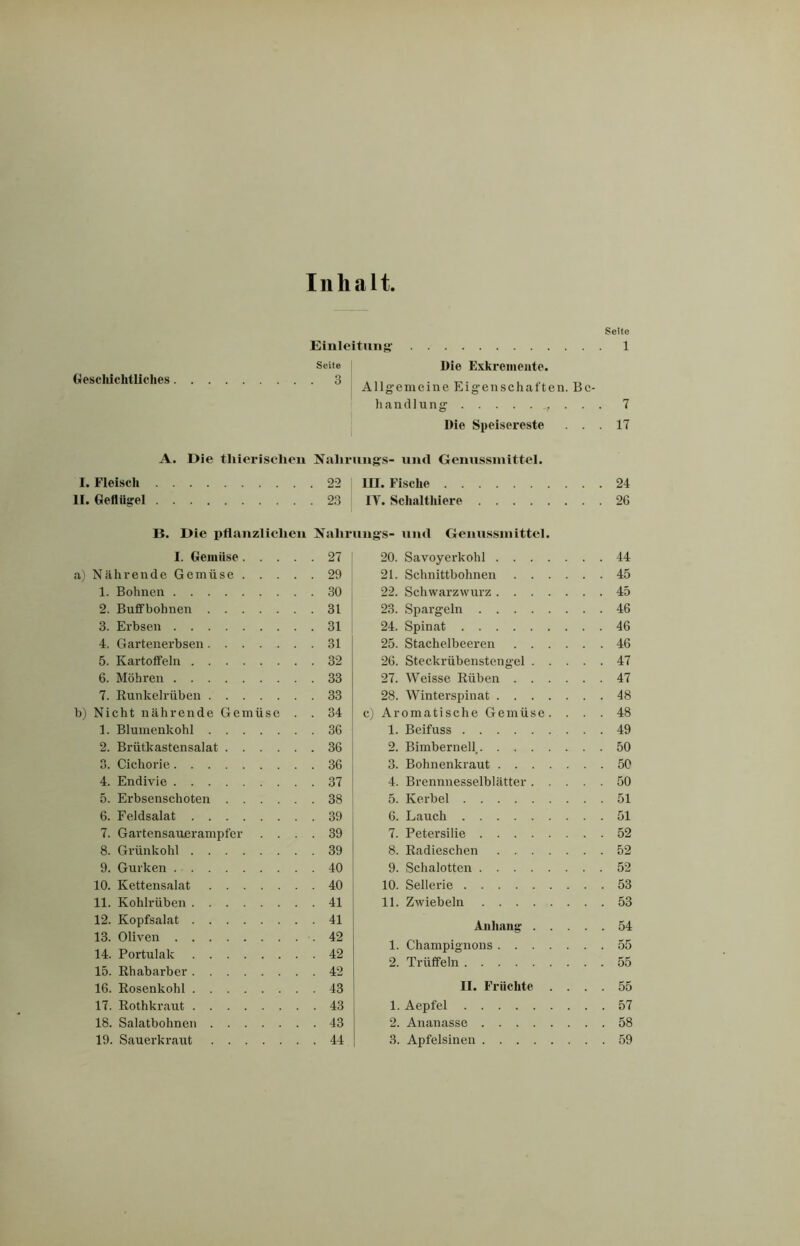 Inhalt Geschichtliches Seite Einleitung 1 Sei<e Die Exkremente. 3 I Allgemeine Eigenschaften. Be- handlung . . . 7 Die Speisereste ... 17 A. Die thierisclien Nahrung,s- und Genussmittel. I. Fleisch 22 in. Fische 24 II. Geflügel 23 IY. Schalthiere 26 B. Die pflanzlichen Nahrungs- und Genussinittel. I. Gemüse 27 a) Nährende Gemüse 29 1. Bohnen 30 2. Buffbohnen 31 3. Erbsen 31 4. Gartenerbsen 31 5. Kartoffeln 32 6. Möhren 33 7. Runkelrüben 33 b) Nicht nährende Gemüse . . 34 1. Blumenkohl 36 2. Brütkastensalat 36 3. Cichorie 36 4. Endivie 37 5. Erbsenschoten 38 6. Feldsalat 39 7. Gartensaujerampfer .... 39 8. Grünkohl 39 9. Gurken 40 10. Kettensalat 40 11. Kohlrüben 41 12. Kopfsalat 41 13. Oliven 42 14. Portulak 42 15. Rhabarber 42 16. Rosenkohl 43 17. Roth kraut 43 18. Salatbohnen 43 19. Sauerkraut 44 20. Savoyerkohl 44 21. Schnittbohnen 45 22. Schwarzwurz 45 23. Spargeln 46 24. Spinat 46 25. Stachelbeeren 46 26. Steckrübenstengel 47 27. Weisse Rüben 47 28. Winterspinat 48 c) Aromatische Gemüse. ... 48 1. Beifuss 49 2. Bimbernell. 50 3. Bohnenkraut 50 4. Brennnesselblätter 50 5. Kerbel 51 6. Lauch 51 7. Petersilie 52 8. Radieschen 52 9. Schalotten 52 10. Sellerie 53 11. Zwiebeln 53 Anhang 54 1. Champignons 55 2. Trüffeln 55 II. Früchte .... 55 1. Aepfel 57 2. Ananasse 58 3. Apfelsinen 59