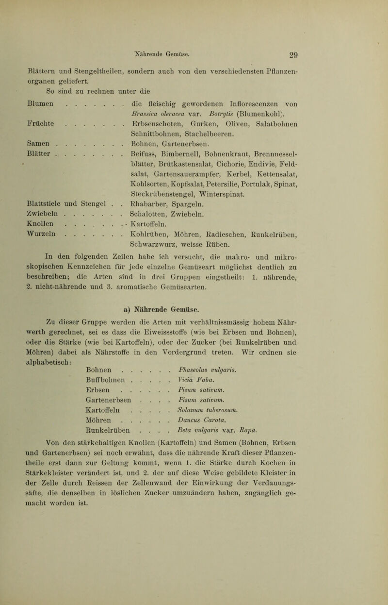 Blättern und Stengeltheilen, sondern auch von den verschiedensten Pflanzen- organen geliefert. So sind zu rechnen unter die Blumen die fleischig gewordenen Inflorescenzen von Brassica oleracea var. Botrytis (Blumenkohl). Früchte Erbsenschoten, Gurken, Oliven, Salatbohnen Schnittbohnen, Stachelbeeren. Samen Bohnen, Gartenerbsen. Blätter Beifuss, Bimbernell, Bohnenkraut, Brennnessel- blätter, Brütkastensalat, Cichorie, Endivie, Feld- salat, Gartensauerampfer, Kerbel, Kettensalat, Kohlsorten, Kopfsalat, Petersilie, Portulak, Spinat, Steckrübenstengel, Winterspinat. Blattstiele und Stengel . . Rhabarber, Spargeln. Zwiebeln Schalotten, Zwiebeln. Knollen ........ Kartoffeln. Wurzeln Kohlrüben, Möhren, Radieschen, Runkelrüben, Schwarzwurz, weisse Rüben. In den folgenden Zeilen habe ich versucht, die makro- und mikro- skopischen Kennzeichen für jede einzelne Gemüseart möglichst deutlich zu beschreiben; die Arten sind in drei Gruppen eingetheilt: 1. nährende, 2. nicht-nährende und 3. aromatische Gemüsearten. a) Nährende Gemüse. Zu dieser Gruppe werden die Arten mit verhältnissmässig hohem Nähr- werth gerechnet, sei es dass die Eiweissstoffe (wie bei Erbsen und Bohnen), oder die Stärke (wie bei Kartoffeln), oder der Zucker (bei Runkelrüben und Möhren) dabei als Nährstoffe in den Vordergrund treten. Wir ordnen sie alphabetisch: Bohnen . . Buffbolmen . Erbsen . . Gartenerbsen Kartoffeln Möhren . . Runkelrüben Phaseolus vulgaris. Vicia Faba. Pisum sativum. Pisum sativum. Solanum tuberosum. Daucus Carota. Beta vulgaris var. Bapa. Von den stärkehaltigen Knollen (Kartoffeln) und Samen (Bohnen, Erbsen und Gartenerbsen) sei noch erwähnt, dass die nährende Kraft dieser Pflanzen- theile erst dann zur Geltung kommt, wenn 1. die Stärke durch Kochen in Stärkekleister verändert ist, und 2. der auf diese Weise gebildete Kleister in der Zelle durch Reissen der Zellen wand der Einwirkung der Verdauungs- säfte, die denselben in löslichen Zucker umzuändern haben, zugänglich ge- macht worden ist.