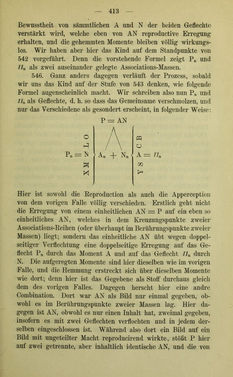 Bewusstheit von sämmtlichen A und N der beiden Geflechte verstärkt wird, welche eben von AN reproductive Erregung erhalten, und die gehemmten Momente bleiben völlig wirkungs- los. Wir haben aber hier das Kind auf dem Standpunkte von 542 vorgeführt. Denn die vorstehende Formel zeigt Pn und IJn als zwei auseinander gelegte Associations-Massen. 546. Ganz anders dagegen verläuft der Prozess, sobald wir uns das Kind auf der Stufe von 543 denken, wie folgende Formel augenscheinlich macht. Wir schreiben also nun Pn und IIn als Geflechte, d. h. so dass das Gemeinsame verschmolzen, und nur das Verschiedene als gesondert erscheint, in folgender Weise: P = AN An + Nn PQ o A=nn m Hier ist sowohl die Reproduction als auch die Apperception von dem vorigen Falle völlig verschieden. Erstlich geht nicht die Erregung von einem einheitlichen AN = P auf ein eben so einheitliches AN, welches in dem Kreuzungspunkte zweier Associations-Reihen (oder überhaupt im Berührungspunkte zweier Massen) liegt; sondern das einheitliche AN übt wegen doppel- seitiger Verflechtung eine doppelseitige Erregung auf das Ge- flecht Pn durch das Moment A und auf das Geflecht /7n durch N. Die aufgeregten Momente sind hier dieselben wie im vorigen Falle, und die Hemmung erstreckt sich über dieselben Momente wie dort; denn hier ist das Gegebene als Stoff durchaus gleich dem des vorigen Falles. Dagegen herscht hier eine andre Combination. Dort war AN als Bild nur einmal gegeben, ob- wohl es im Berührungspunkte zweier Massen lag. Hier da- gegen ist AN, obwohl es nur einen Inhalt hat, zweimal gegeben, insofern es mit zwei Geflechten verflochten und in jedem der- selben eingeschlossen ist. Während also dort ein Bild auf ein Bild mit ungeteilter Macht reproducirend wirkte, stößt P hier auf zwei getrennte, aber inhaltlich identische AN, und die von