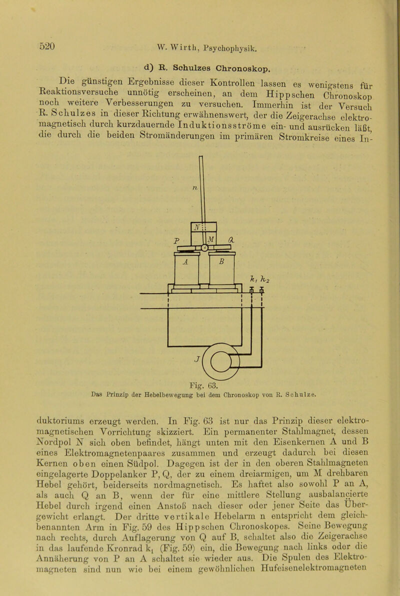 d) R. Schutzes Chronoskop. Die günstigen Ergebnisse dieser Kontrollen lassen es wenigstens für Reaktionsversuche unnötig erscheinen, an dem Hipp sehen Chronoskop noch weitere Verbesserungen zu versuchen. Immerhin ist der Versuch R. Schulzes in dieser Richtung erwähnenswert, der die Zeigerachse elektro- magnetisch durch kurzdauernde Induktionsströme ein- und ausrücken läßt, die durch die beiden Stromänderungen im primären Stromkreise eines In- duktoriums erzeugt werden. In Fig. 63 ist nur das Prinzip dieser elektro- magnetischen Vorrichtung skizziert. Ein permanenter Stahlmagnet, dessen Kordpol N sich oben befindet, hängt unten mit den Eisenkernen A und B eines Elektromagnetenpaares zusammen und erzeugt dadurch bei diesen Kernen oben einen Südpol. Dagegen ist der in den oberen Stahlmagneten eingelagerte Doppelanker P, Q, der zu einem dreiarmigen, um M drehbaren Hebel gehört, beiderseits nordmagnetisch. Es haftet also sowohl P an A, als auch Q an B, wenn der für eine mittlere Stellung ausbalancierte Plebel durch irgend einen Anstoß nach dieser oder jener Seite das Über- gewicht erlangt. Der dritte vertikale Hebelarm n entspricht dem gleich- benannten Arm in Fig. 59 des Hipp sehen Clironoskopes. Seine Bewegung nach rechts, durch Auflagerung von Q auf B, schaltet also dio Zeigerachse in das laufende Ivronrad k, (Fig. 59) ein, die Bewegung nach links odor die Annäherung von P an A schaltet sie wieder aus. Die Spulen des Elektro- magneten sind nun wie bei einem gewöhnlichen Hufeisonelektromagneten