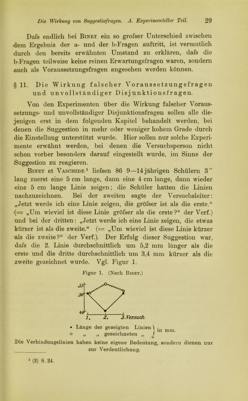 Dafs endlich bei Binet ein so grofser Unterschied zwischen dem Ergebnis der a- und der b-Fragen auftritt, ist vermutlich durch den bereits erwähnten Umstand zu erklären, dafs die b-Fragen teilweise keine reinen Erwartungsfragen waren, sondern auch als Voraussetzungsfragen angesehen werden können. §11. Die Wirkung falscher Voraussetzungsfragen und unvollständiger Disjunktionsfragen. Von den Experimenten über die Wirkung falscher Voraus- setzungs- und unvollständiger Disjunktionsfragen sollen alle die- jenigen erst in dem folgenden Kapitel behandelt werden, bei denen die Suggestion in mehr oder weniger hohem Grade durch die Einstellung unterstützt wurde. Hier sollen nur solche Experi- mente erwähnt werden, bei denen die Versuchsperson nicht schon vorher besonders darauf eingestellt wurde, im Sinne der Suggestion zu reagieren. Binet et Vaschide 1 liefsen 86 9—14 jährigen Schülern 3 lang zuerst eine 5 cm lange, dann eine 4 cm lange, dann wieder eine 5 cm lange Linie zeigen; die Schüler hatten die Linien nachzuzeichnen. Bei der zweiten sagte der Versuchsleiter: „Jetzt werde ich eine Linie zeigen, die gröfser ist als die erste.“ (= „Um wieviel ist diese Linie gröfser als die erste?“ der Verf.) und bei der dritten: „Jetzt werde ich eine Linie zeigen, die etwas kürzer ist als die zweite.“ (= „Um wieviel ist diese Linie kürzer -als die zweite?“ der Verf.). Der Erfolg dieser Suggestion war, dafs die 2. Linie durchschnittlich um 5,2 mm länger als die erste und die dritte durchschnittlich um 3,4 mm kürzer als die zweite gezeichnet wurde. Vgl. Figur 1. Figur 1. (Nach Binet.) • Länge der gezeigten Linien 1 . ° . ; in mm. o „ „ gezeichneten ,, f Die Verbindungslinien haben keine eigene Bedeutung, sondern dienen nur zur Verdeutlichung.