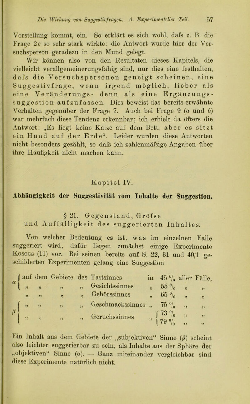 Vorstellung kommt, ein. So erklärt es sich wohl, dafs z. B. die Frage 2c so sehr stark wirkte: die Antwort wurde hier der Ver- suchsperson geradezu in den Mund gelegt. Wir können also von den Resultaten dieses Kapitels, die vielleicht verallgemeinerungsfähig sind, nur dies eine festhalten, dafs die Versuchspersonen geneigt scheinen, eine Suggestivfrage, wenn irgend möglich, lieber als eine Veränderungs- denn als eine Ergänzungs- suggestion auf zu fassen. Dies beweist das bereits erwähnte Verhalten gegenüber der Frage 7. Auch bei Frage 9 (a und b) war mehrfach diese Tendenz erkennbar; ich erhielt da öfters die Antwort: „Es liegt keine Katze auf dem Bett, aber es sitzt ein FI und auf der Erde“. Leider wurden diese Antworten nicht besonders gezählt, so dafs ich zahlenmäfsige Angaben über ihre Häufigkeit nicht machen kann. Kapitel IV. Abhängigkeit der Suggestivität vom Inhalte der Suggestion. § 21. Gegenstand, Gröfse und Auffälligkeit des sugge rierten Inhaltes. Von welcher Bedeutung es ist, was im einzelnen Falle suggeriert wird, dafür liegen zunächst einige Experimente Kosogs (11) vor. Bei seinen bereits auf S. 22, 31 und 40/1 ge- schilderten Experimenten gelang eine Suggestion {auf de V 55 dem Gebiete 55 55 55 55 R ) 5 5 5 5 55 55 55 55 des Tastsinnes in 45 0/ Io aller Fälle, „ Gesichtssinnes 55 55 01 Io 55 55 „ Gehörssinnes 55 65 0/ Io 55 55 ,, Geschmackssinnes 55 75 01 Io 55 55 ,, Geruchssinnes j 73 0/ Io 55 55 5 } ( 79 0/ Io 55 55 Ein Inhalt aus dem Gebiete der „subjektiven“ Sinne (ß) scheint also leichter suggerierbar zu sein, als Inhalte aus der Sphäre der „objektiven“ Sinne (a). — Ganz miteinander vergleichbar sind diese Experimente natürlich nicht.