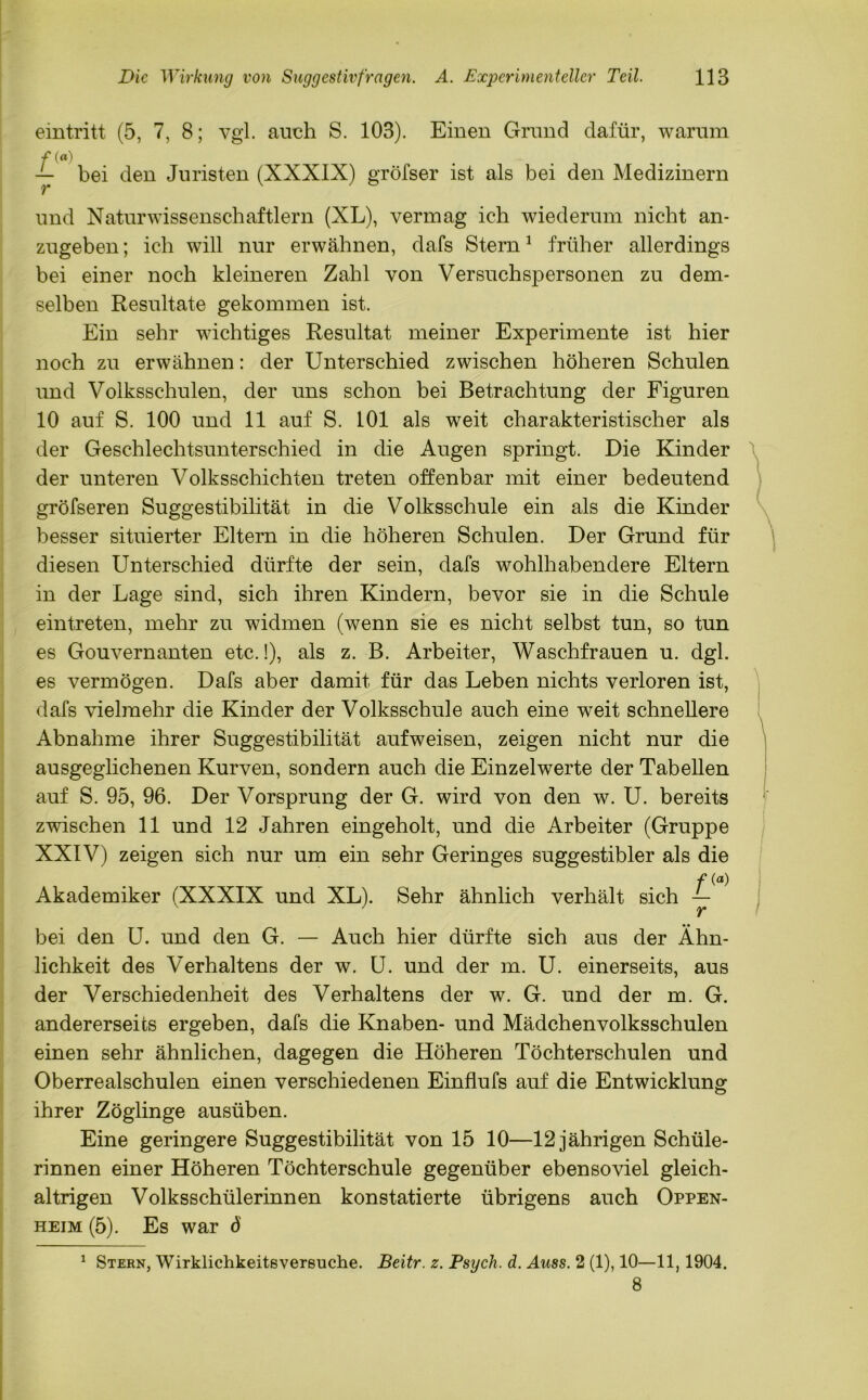 eintritt (5, 7, 8; vgl. auch S. 103). Einen Grund dafür, warum f{a) -1- bei den Juristen (XXXIX) gröfser ist als bei den Medizinern und Naturwissenschaftlern (XL), vermag ich wiederum nicht an- zugeben ; ich will nur erwähnen, dafs Stern1 früher allerdings bei einer noch kleineren Zahl von Versuchspersonen zu dem- selben Resultate gekommen ist. Ein sehr wichtiges Resultat meiner Experimente ist hier noch zu erwähnen: der Unterschied zwischen höheren Schulen und Volksschulen, der uns schon bei Betrachtung der Figuren 10 auf S. 100 und 11 auf S. 101 als weit charakteristischer als der Geschlechtsunterschied in die Augen springt. Die Kinder der unteren Volksschichten treten offenbar mit einer bedeutend gröfseren Suggestibilität in die Volksschule ein als die Kinder besser situierter Eltern in die höheren Schulen. Der Grund für diesen Unterschied dürfte der sein, dafs wohlhabendere Eltern in der Lage sind, sich ihren Kindern, bevor sie in die Schule eintreten, mehr zu widmen (wenn sie es nicht selbst tun, so tun es Gouvernanten etc.!), als z. B. Arbeiter, Waschfrauen u. dgl. es vermögen. Dafs aber damit für das Leben nichts verloren ist, dafs vielmehr die Kinder der Volksschule auch eine weit schnellere Abnahme ihrer Suggestibilität auf weisen, zeigen nicht nur die ausgeglichenen Kurven, sondern auch die Einzelwerte der Tabellen auf S. 95, 96. Der Vorsprung der G. wird von den w. U. bereits zwischen 11 und 12 Jahren eingeholt, und die Arbeiter (Gruppe XXIV) zeigen sich nur um ein sehr Geringes suggestibler als die Akademiker (XXXIX und XL). Sehr ähnlich verhält sich y bei den U. und den G. — Auch hier dürfte sich aus der Ähn- lichkeit des Verhaltens der w. U. und der m. U. einerseits, aus der Verschiedenheit des Verhaltens der w. G. und der m. G. andererseits ergeben, dafs die Knaben- und Mädchenvolksschulen einen sehr ähnlichen, dagegen die Höheren Töchterschulen und Oberrealschulen einen verschiedenen Einflufs auf die Entwicklung ihrer Zöglinge ausüben. Eine geringere Suggestibilität von 15 10—12 jährigen Schüle- rinnen einer Höheren Töchterschule gegenüber ebensoviel gleich- altrigen Volksschülerinnen konstatierte übrigens auch Oppen- heim (5). Es war ö 1 Stern, Wirklichkeitsversuche. Beitr. z. Psych. d. Auss. 2 (1), 10—11,1904. 8