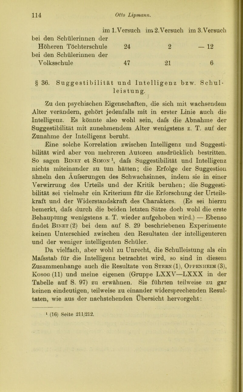 im 1. Versuch im-2.Versuch im 3. Versuch bei den Schülerinnen der Höheren Töchterschule 24 2 — 12 bei den Schülerinnen der Volksschule 47 21 6 § 36. Suggestibilität und Intelligenz bzw. Schul- leistung. Zu den psychischen Eigenschaften, die sich mit wachsendem Alter verändern, gehört jedenfalls mit in erster Linie auch die Intelligenz. Es könnte also wohl sein, dafs die Abnahme der Suggestibilität mit zunehmendem Alter wenigstens z. T. auf der Zunahme der Intelligenz beruht. Eine solche Korrelation zwischen Intelligenz und Suggesti- bilität wird aber von mehreren Autoren ausdrücklich bestritten. So sagen Binet et Simon \ dafs Suggestibilität und Intelligenz nichts miteinander zu tun hätten; die Erfolge der Suggestion ähneln den Aufserungen des Schwachsinnes, indem sie in einer Verwirrung des Urteils und der Kritik beruhen; die Suggesti- bilität sei vielmehr ein Kriterium für die Erforschung der Urteils- kraft und der Widerstandskraft des Charakters. (Es sei hierzu bemerkt, dafs durch die beiden letzten Sätze doch wohl die erste Behauptung wenigstens z. T. wieder aufgehoben wird.) — Ebenso findet Binet (2) bei dem auf S. 29 beschriebenen Experimente keinen Unterschied zwischen den Resultaten der intelligenteren und der weniger intelligenten Schüler. Da vielfach, aber wohl zu Unrecht, die Schulleistung als ein Mafsstab für die Intelligenz betrachtet wird, so sind in diesem Zusammenhänge auch die Resultate von Stern (1), Oppenheim (3), Kosog(II) und meine eigenen (Gruppe LXXV—LXXX in der Tabelle auf S. 97) zu erwähnen. Sie führten teilweise zu gar keinen eindeutigen, teilweise zu einander widersprechenden Resul- • • taten, wie aus der nachstehenden Übersicht hervorgeht: 1 (16) Seite 211/212.