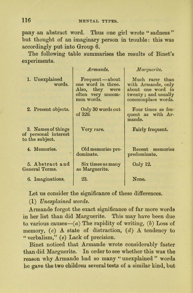 pany an abstract word. Thus one girl wrote “ sadness ” but thought of an imaginary person in trouble: this was accordingly put into Group 6. The following table summarises the results of Binet’s experiments. 1. Unexplained words. 2. Present objects. 3. Names of things of personal interest to the subject. 4. Memories. 5. Abstract and General Terms. 6. Imaginations. Armande. F requent—about one word in three. Also, they were often very uncom- mon words. Only 30 words out of 320. Very rare. Old memories pre- dominate. Six times as many as Marguerite. 23. Marguerite. Much rarer than with Armande, only about one word in twenty; and usually commonplace words. Four times as fre- quent as with Ar- mande. Fairly frequent. Recent memories predominate. Only 12. None. Let US consider the significance of these differences. (1) Unexplained words. Armande forgot the exact significance of far more words in her list than did Marguerite. This may have been due to various causes—{a) The rapidity of writing, (6) Loss of memory, (c) A state of distraction, (d) A tendency to “ verbalism,” (e) Lack of precision. Binet noticed that Armande wrote considerably faster than did Marguerite. In order to see whether this was the reason why Armande had so many “ unexplained ” words he gave the two children several tests of a similar kind, but