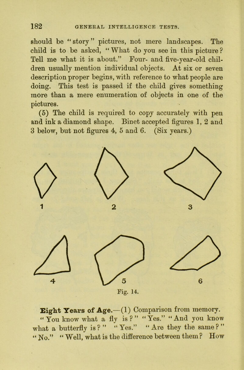 should be “ story ” pictures, not mere landscapes. The child is to be asked, “ What do you see in this picture ? Tell me what it is about.” Four- and five-year-old chil- dren usually mention individual objects. At six or seven description proper begins, with reference to what people are doing. This test is passed if the child gives something more than a mere enumeration of objects in one of the pictures. (6) The child is required to copy accurately with pen and ink a diamond shape. Binet accepted figures 1, 2 and 3 below, but not figures 4, 5 and 6. (Six years.) Eight Years of Age.—(1) Comparison from memory. “You know what a fly is?” “Yes.” “And you know what a butterfly is ? ” “Yes.” “ Are they the same ? ” “ No.” “ Well, what is the difference between them ? How