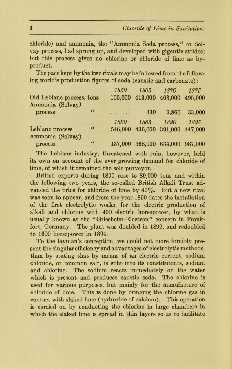 chloride) and ammonia, the ^‘Ammonia Soda process,” or Sol- vay process, had sprung up, and developed with gigantic strides; but this process gives no chlorine or chloride of lime as by- product. The pace kept by the two rivals may be followed from the follow- ing world’s production figures of soda (caustic and carbonate): Old Leblanc process, tons Ammonia (Solvay) process “ Leblanc process Ammonia (Solvay) process “ 1850 165,000 1880 546.000 137.000 1865 413.000 330 1885 436.000 368.000 1870 463.000 2,860 1890 391.000 634.000 1875 495.000 33,000 1895 447.000 987.000 The Leblanc industry, threatened with ruin, however, held its own on account of the ever growing demand for chloride of lime, of which it remained the sole purveyor. British exports during 1890 rose to 89,000 tons and within the following two years, the so-called British Alkali Trust ad- vanced the price for chloride of lime by 40%. But a new rival was soon to appear, and from the year 1890 dates the installation of the first electrolytic works, for the electric production of alkali and chlorine with 400 electric horsepower, by what is usually known as the “ Griesheim-Electron ” concern in Frank- fort, Germany. The plant was doubled in 1892, and redoubled to 1600 horsepower in 1894. To the layman’s conception, we could not more forcibly pre- sent the singular efficiency and advantages of electrolytic methods, than by stating that by means of an electric current, sodium chloride, or common salt, is split into its constitutents, sodium and chlorine. The sodium reacts immediately on the water which is present and produces caustic soda. The chlorine is used for various purposes, but mainly for the manufacture of chloride of lime. This is done by bringing the chlorine gas in contact with slaked lime (hydroxide of calcium). This operation is carried on by conducting the chlorine in large chambers in which the slaked lime is spread in thin layers so as to facilitate