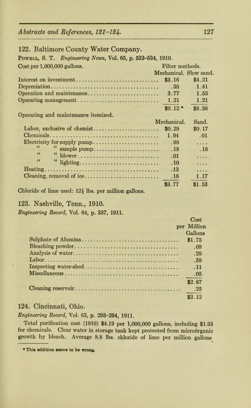 122. Baltimore County Water Company. Powell, S. T. Engineering News, Vol. 65, p. 532-534, 1910. Cost per 1,000,000 gallons. Filter methods. Mechanical. Slow sand. Interest on investment $3.16 $4.21 Depreciation 38 1.41 Operation and maintenance 3.77 1.53 Operating management 1.21 1.21 $9.12* $8.36 Operating and maintenance itemized. Mechanical. Sand. Labor, exclusive of chemist $0.29 $0.17 Chemicals 1.94 .01 Electricity for supply pump 96 • • • • “ “ sample pump 18 .18 “ “ blower 01 • * • • lighting 10 • • • • Heating 13 • ■ • • Cleaning, removal of ice 16 1.17 $3.77 $1.53 Chloride of lime used: 12\ lbs. per milhon gallons. 123. Nashville, Tenn., 1910. Engineering Record, Vol. 64, p. 337, 1911. Cost per Million Gallons Sulphate of Alumina $1.75 Bleaching powder .08 Analysis of water .29 Labor .59 Inspecting water-shed .11 Miscellaneous .05 $2!87 Cleaning reservoir .25 '$3712 124. Cincinnati, Ohio. Engineering Record, Vol. 63, p. 293-294, 1911. Total purification cost (1910) $4.19 per 1,000,000 gallons, including $1.93 for chemicals. Clear water in storage tank kept protected from microorganic growth by bleach. Average 8.8 lbs. chloride of lime per million gallons * This addition seems to be wrong.