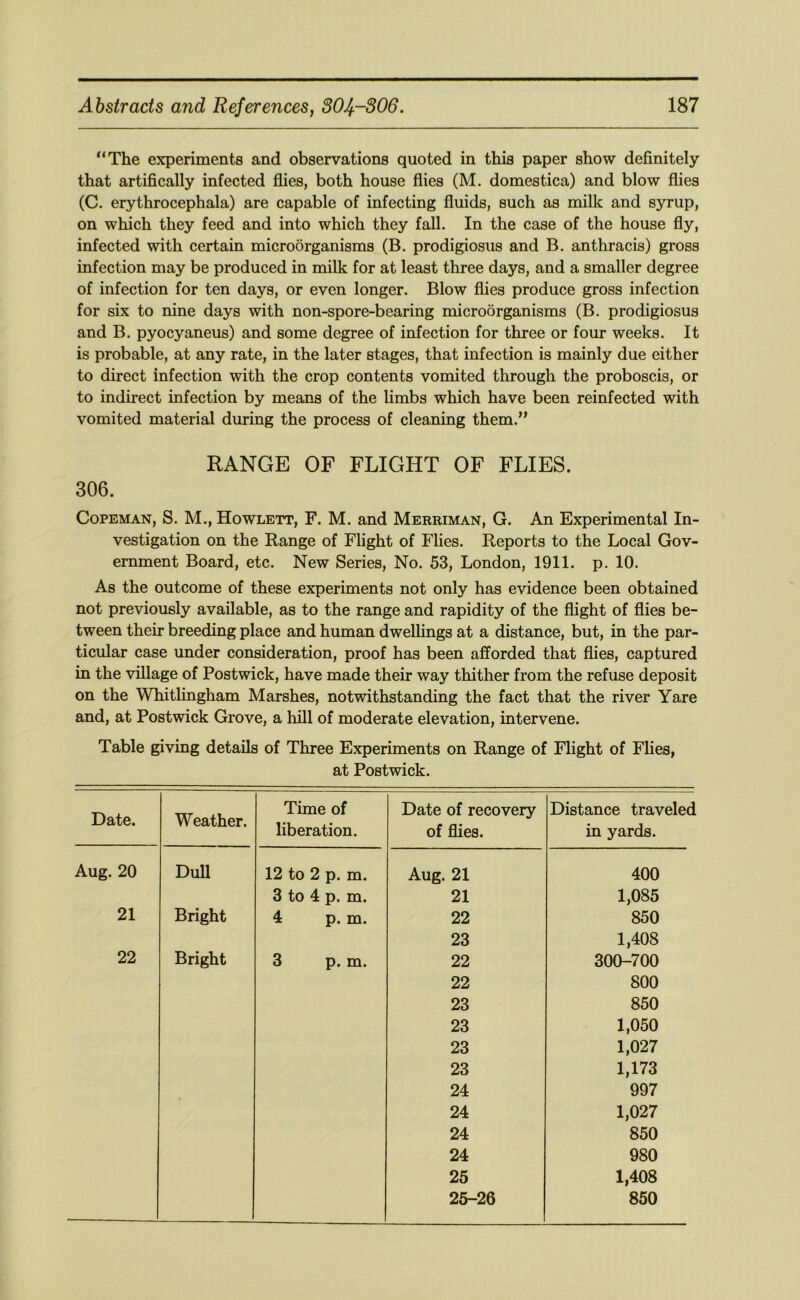 “The experiments and observations quoted in this paper show definitely that artifically infected flies, both house flies (M. domestica) and blow flies (C. erythrocephala) are capable of infecting fluids, such as milk and syrup, on which they feed and into which they fall. In the case of the house fly, infected with certain microorganisms (B. prodigiosus and B. anthracis) gross infection may be produced in milk for at least three days, and a smaller degree of infection for ten days, or even longer. Blow flies produce gross infection for six to nine days with non-spore-bearing microorganisms (B. prodigiosus and B. pyocyaneus) and some degree of infection for three or four weeks. It is probable, at any rate, in the later stages, that infection is mainly due either to direct infection with the crop contents vomited through the proboscis, or to indirect infection by means of the limbs which have been reinfected with vomited material during the process of cleaning them.” RANGE OF FLIGHT OF FLIES. 306. CoPEMAN, S. M., Howlett, F. M. and Merriman, G. An Experimental In- vestigation on the Range of Flight of Flies. Reports to the Local Gov- ernment Board, etc. New Series, No. 53, London, 1911. p. 10. As the outcome of these experiments not only has evidence been obtained not previously available, as to the range and rapidity of the flight of flies be- tween their breeding place and human dwellings at a distance, but, in the par- ticular case under consideration, proof has been afforded that flies, captured in the village of Postwick, have made their way thither from the refuse deposit on the Wbitlingham Marshes, notwithstanding the fact that the river Yare and, at Postwick Grove, a hill of moderate elevation, intervene. Table giving details of Three Experiments on Range of Flight of Fhes, at Postwick. Date. Weather. Time of liberation. Date of recovery of flies. Distance traveled in yards. Aug. 20 Dull 12 to 2 p. m. Aug. 21 400 3 to 4 p. m. 21 1,085 21 Bright 4 p. m. 22 850 23 1,408 22 Bright 3 p. m. 22 300-700 22 800 23 850 23 1,050 23 1,027 23 1,173 24 997 24 1,027 24 850 24 980 25 1,408 25-26 850