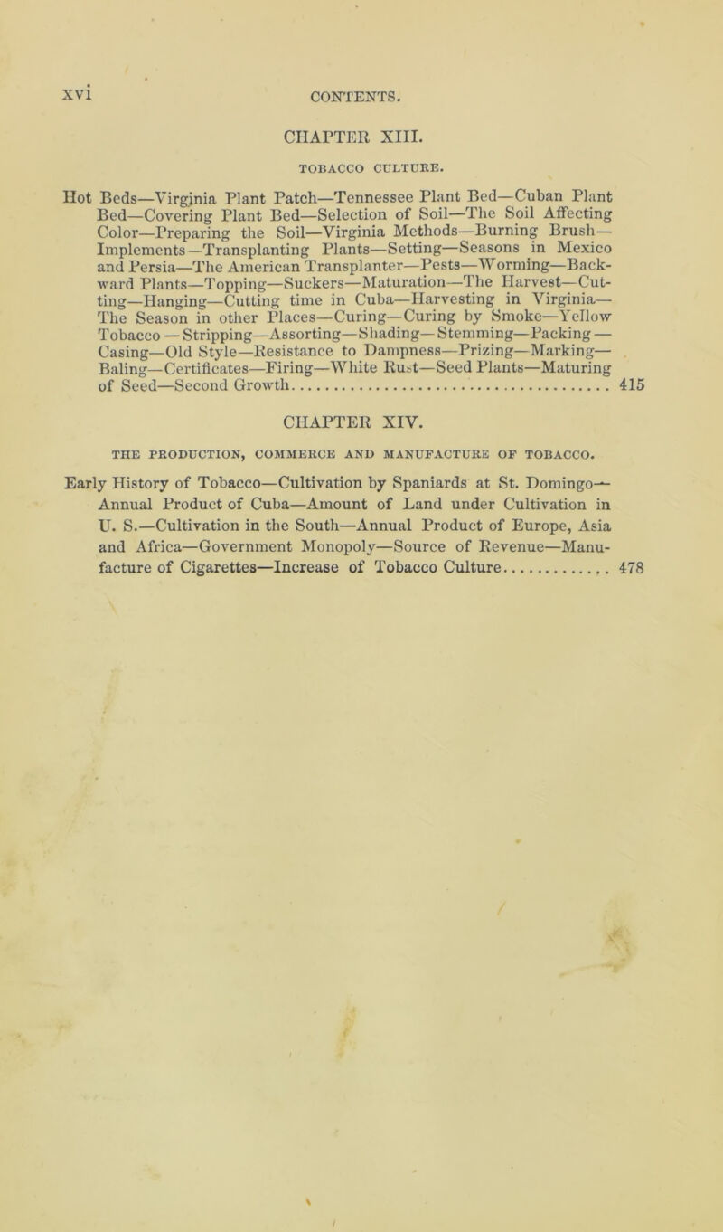 CHAPTER XIII. TOBACCO CULTURE. Hot Beds—Virginia Plant Patch—Tennessee Plant Bed—Cuban Plant Bed—Covering Plant Bed—Selection of Soil—The Soil Atfecting Color—Preparing the Soil—Virginia Methods—Burning Brush- Implements—Transplanting Plants—Setting—Seasons in Mexico and Persiii—The American Transplanter—Pests—Worming—Back- ward Plants—Topping—Suckers—Maturation—The Harvest—Cut- ting—Hanging—Cutting time in Cuba—Harvesting in Virginia— The Season in other Places—Curing—Curing by Smoke—Yellow Tobacco — Stripping—Assorting—Shading— Stemming—Packing — Casing—Old Style—Resistance to Dampness—Prizing—Marking— Baling—Certificates—Firing—White Ru?t—Seed Plants—Maturing of Seed—Second Growth 415 CHAPTER XIV. THE PEODUCTIOK, COMMERCE AND MANUFACTURE OP TOBACCO. Early History of Tobacco—Cultivation by Spaniards at St. Domingo-^ Annual Product of Cuba—Amount of Land under Cultivation in U. S.—Cultivation in the South—Annual Product of Europe, Asia and Africa—Government Monopoly—Source of Revenue—Manu- facture of Cigarettes—Increase of Tobacco Culture 478 /