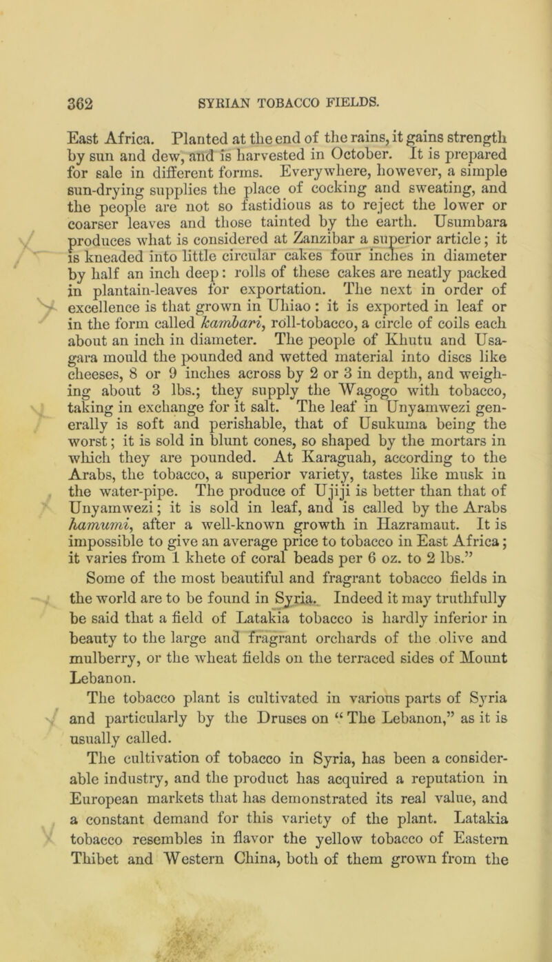 East Africa. Planted at tlie end of the rains, it gains strength by sun and dew, and is harvested in October. It is prepared for sale in different forms. Everywhere, however, a simple sun-drying supplies the place of cocking and sweating, and the people are not so fastidious as to reject the lower or coarser leaves and those tainted by the earth. Usumbara produces what is considered at Zanzibar a superior article; it 18 kneaded into little circular cakes four inches in diameter by half an inch deep: rolls of these cakes are neatly packed in plantain-leaves for exportation. The next in order of excellence is that grown in Uhiao : it is exported in leaf or in the form called hainhari^ roll-tobacco, a circle of coils each about an inch in diameter. The people of Khutu and Usa- gara mould the pounded and wetted material into discs like cheeses, 8 or 9 inches across by 2 or 3 in depth, and weigh- ing about 3 lbs.; they supply the Wagogo with tobacco, taking in exchange for it salt. The leaf in Unyamwezi gen- erally is soft and perishable, that of Usukuma being the worst; it is sold in blunt cones, so shaped by the mortars in which they are pounded. At Karaguah, according to the Arabs, the tobacco, a superior variety, tastes like musk in the water-pipe. The produce of Ujiji is better than that of Unyamwezi; it is sold in leaf, and is called by the Arabs hamumiy after a well-known growth in Hazramaut. It is impossible to give an average price to tobacco in East Africa; it varies from 1 khete of coral beads per 6 oz. to 2 lbs.” Some of the most beautiful and fragrant tobacco fields in the world are to be found in Syria.. Indeed it may truthfully be said that a field of Latakia tobacco is hardly inferior in beauty to the large and fragrant orchards of the olive and mulberry, or the wheat fields on the terraced sides of Mount Lebanon. The tobacco plant is cultivated in various parts of S}’^ria ’ and particularly by the Druses on “ The Lebanon,” as it is usually called. The cultivation of tobacco in Syria, has been a consider- able industry, and the product has acquired a reputation in European markets that has demonstrated its real value, and a constant demand for this variety of the plant. Latakia tobacco resembles in fiavor the yellow tobacco of Eastern Thibet and Western China, both of them grown from the