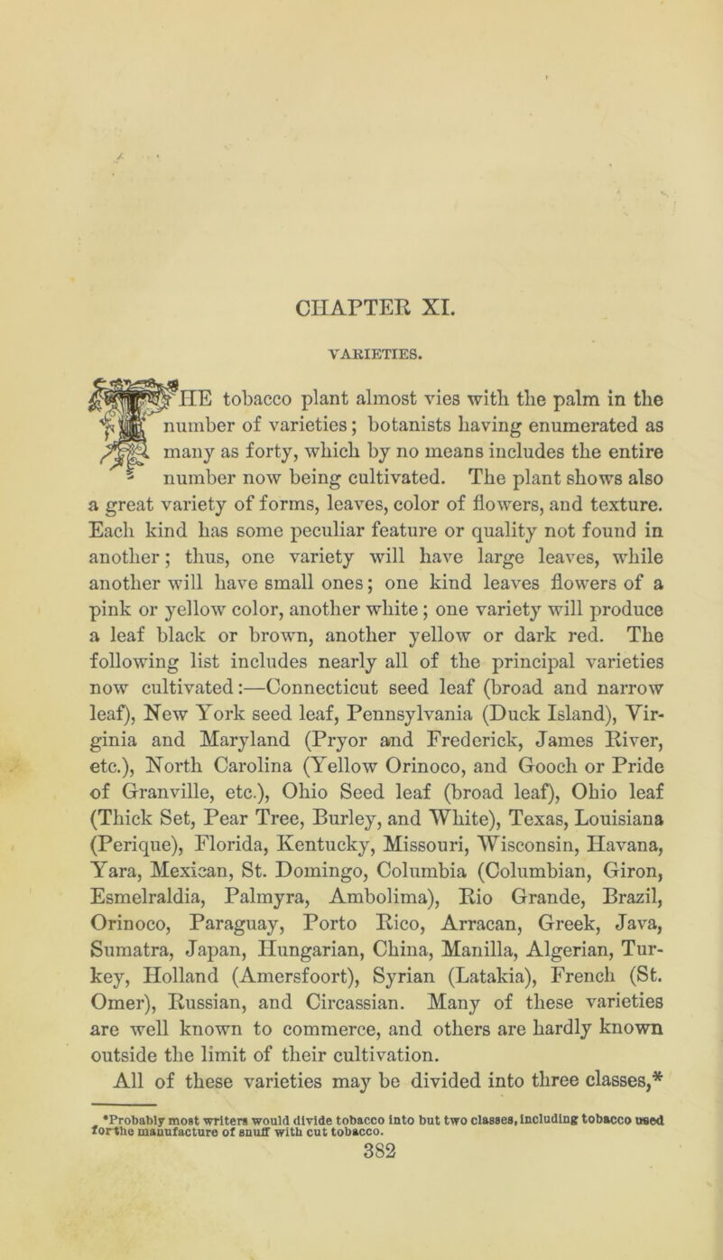 CHAPTER XI. VARIETIES. HE tobacco plant almost vies with the palm in the number of varieties; botanists having enumerated as many as forty, which by no means includes the entire number now being cultivated. The plant shows also a great variety of forms, leaves, color of flowers, and texture. Each kind has some peculiar feature or quality not found in another; thus, one variety will have large leaves, while another will have small ones; one kind leaves flowers of a pink or yellow color, another white; one variety will produce a leaf black or brown, another yellow or dark red. The following list includes nearly all of the principal varieties now cultivated:—Connecticut seed leaf (broad and narrow leaf). New York seed leaf, Pennsylvania (Duck Island), Vir- ginia and Maryland (Pryor and Frederick, James River, etc.). North Carolina (Yellow Orinoco, and Gooch or Pride of Granville, etc.), Ohio Seed leaf (broad leaf), Ohio leaf (Thick Set, Pear Tree, Burley, and White), Texas, Louisiana (Perique), Florida, Kentucky, Missouri, Wisconsin, Havana, Yara, Mexican, St. Domingo, Columbia (Columbian, Giron, Esmelraldia, Palmyra, Ambolima), Rio Grande, Brazil, Orinoco, Paraguay, Porto Rico, Arracan, Greek, Java, Sumatra, Japan, Hungarian, China, Manilla, Algerian, Tur- key, Holland (Amersfoort), Syrian (Latakia), French (St. Omer), Russian, and Circassian. Many of these varieties are well known to commerce, and others are hardly known outside the limit of their cultivation. All of these varieties may be divided into three classes,* •Probably most writers would divide tobacco into but two classes, including tobacco used fortbe manufacture of snuff wltb cut tobacco.