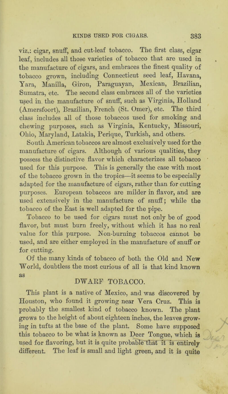 viz,: cigar, snuff, and cut-leaf tobacco. The first class, cigar leaf, includes all those varieties of tobacco that are used in the manufacture of cigars, and embraces the finest quality of tobacco grown, including Connecticut seed leaf, Havana, Yara, Manilla, Giron, Paraguayan, Mexican, Brazilian, Sumatra, etc. The second class embraces all of the varieties used in the manufacture of snuff, such as Virginia, Plolland (Amersfoort), Brazilian, French (St. Omer), etc. The third class includes all of those tobaccos used for smoking and chewing purposes, such as Virginia, Kentucky, Missouri, Ohio, Maryland, Latakia, Perique, Turkish, and others. South American tobaccos are almost exclusively used for the manufacture of cigars. Although of various qualities, they possess the distinctive flavor which characterizes all tobacco used for this purpose. This is generally the case with most of the tobacco grown in the tropics—it seems to be especially adapted for the manufacture of cigars, rather than for cutting purposes. European tobaccos are milder in flavor, and are used extensively in the manufacture of snuff; while the tobacco of the East is well adapted for the pipe. Tobacco to be used for cigars must not only be of good flavor, but must burn freely, without which it has no real value for this purpose. Non-burning tobaccos cannot be used, and are either employed in the manufacture of snuff or for cutting. Of the many kinds of tobacco of both the Old and New World, doubtless the most curious of all is that kind known as DWAKF TOBACCO. This plant is a native of Mexico, and was discovered by Houston, who found it growing near Vera Cruz. This is probably the smallest kind of tobacco known. The plant grows to the height of about eighteen inches, the leaves grow- ing in tufts at the base of the plant. Some have supposed this tobacco to be what is known as Deer Tongue, which is used for flavoring, but it is quite probable that it is entirely different. The leaf is small and light green, and it is quite