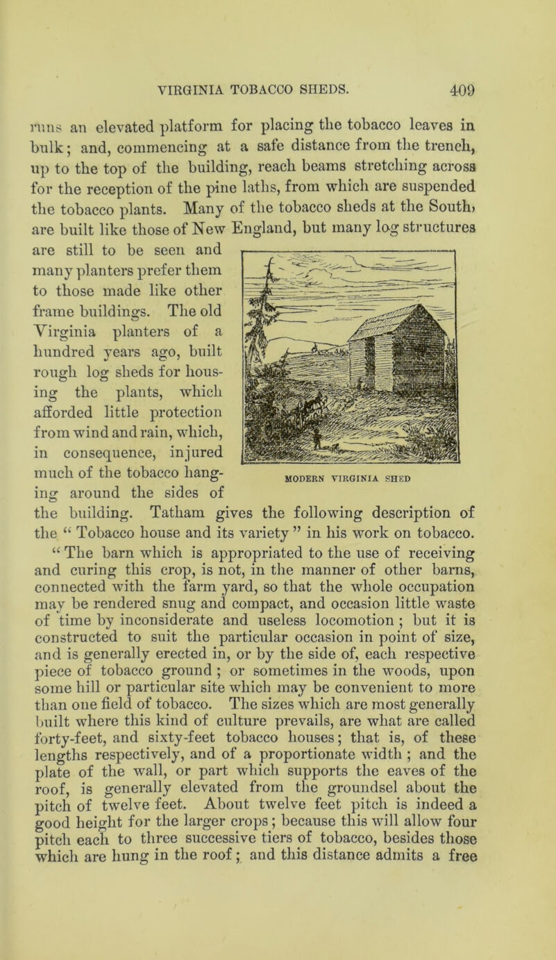 runs an elevated platform for placing the tobacco leaves in bulk; and, commencing at a sate distance from the trench, up to the top of the building, reach beams stretching across for the reception of the pine laths, from which are suspended the tobacco plants. Many of the tobacco sheds at the South> are built like those of New England, but many lag structures are still to be seen and many planters prefer them to those made like other frame buildings. The old Virginia planters of a hundred years ago, built rough log sheds for hous- ing the plants, which afforded little protection from wind and rain, which, in consequence, injured much of the tobacco hang- ing around the sides of the building. Tatham gives the following description of the Tobacco house and its variety ” in his work on tobacco. “ The barn which is appropriated to the use of receiving and curing this crop, is not, in the manner of other barns, connected with the farm yard, so that the whole occupation may be rendered snug and compact, and occasion little waste of time by inconsiderate and useless locomotion ; but it is constructed to suit the particular occasion in point of size, and is generally erected in, or by the side of, each respective piece of tobacco ground ; or sometimes in the woods, upon some hill or particular site which may be convenient to more than one field of tobacco. The sizes which are most generally built where this kind of culture prevails, are what are called forty-feet, and sixty-feet tobacco houses; that is, of these lengths respectively, and of a proportionate width ; and the plate of the wall, or part which supports the eaves of the roof, is generally elevated from the groundsel about the pitch of twelve feet. About twelve feet pitch is indeed a good height for the larger crops; because this will allow four pitch each to three successive tiers of tobacco, besides those which are hung in the roof; and this distance admits a free