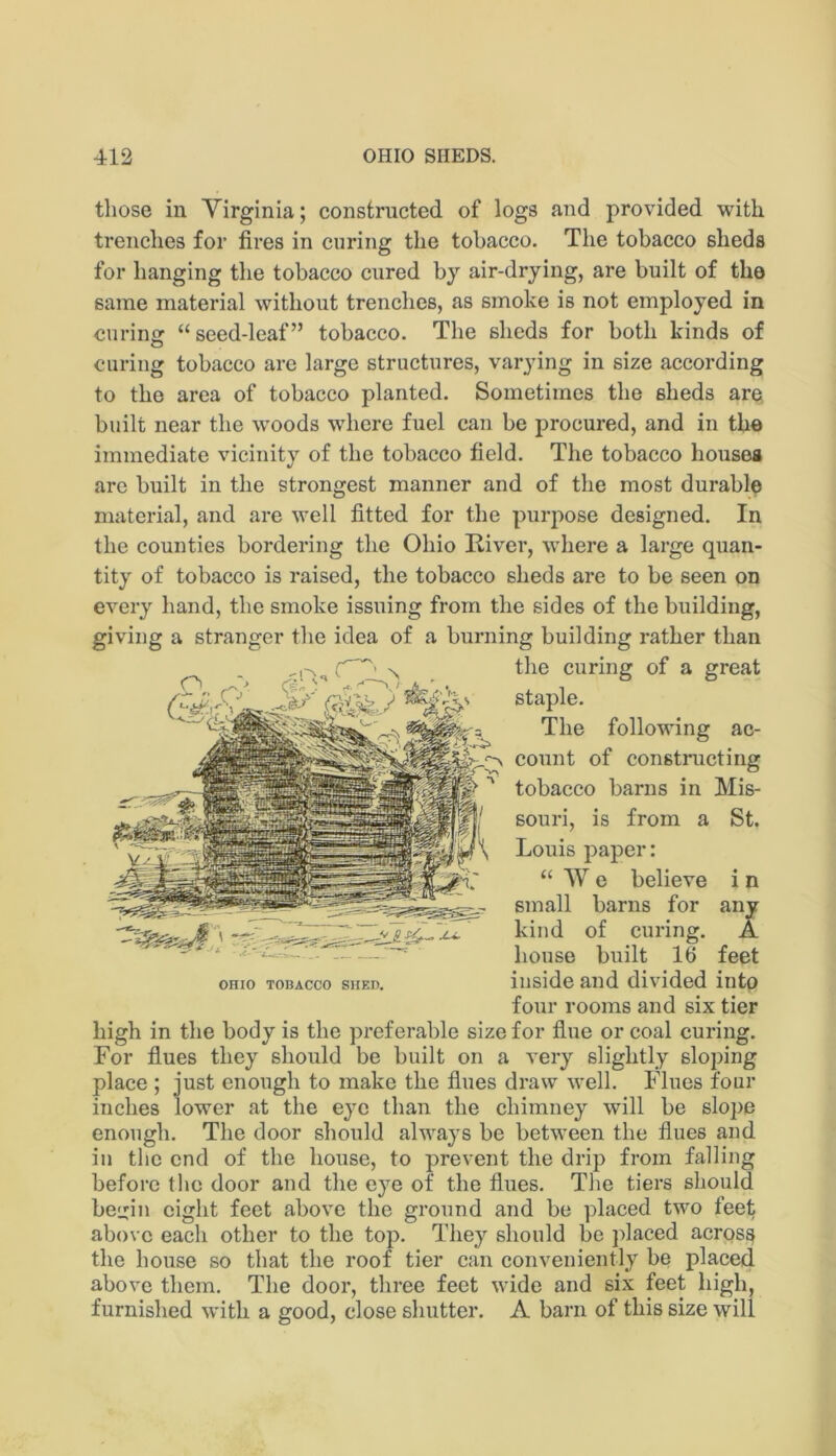 those in Virginia; constructed of logs and provided with trendies for fires in curing the tobacco. The tobacco sheds for hanging the tobacco cured by air-drying, are built of the same material without trenches, as smoke is not employed in curing: “seed-leaf” tobacco. The sheds for both kinds of curing tobacco are large structures, varying in size according to the area of tobacco planted. Sometimes the sheds are built near the woods where fuel can be procured, and in the immediate vicinity of the tobacco field. The tobacco houses arc built in the strongest manner and of the most durable material, and are well fitted for the purjiose designed. In the counties bordering the Ohio River, w’here a large quan- tity of tobacco is raised, the tobacco sheds are to be seen on every hand, the smoke issuing from the sides of the building, giving a stranger the idea of a burning building rather than the curing of a great staple. The following ac- count of constructing ^ ^ tobacco barns in Mis- souri, is from a St. Louis paper: “ W e believe i n small barns for any kind of curing. A house built 16 feet inside and divided into four rooms and six tier high in the body is the preferable size for flue or coal curing. For flues they should be built on a very slightly sloping place ; just enough to make the flues draw well. Flues four inches lower at the eye than the chimney will be slope enough. The door should always be between the flues and in the end of the house, to prevent the drip from falling before the door and the eye of the flues. Tlie tiers should beixin eight feet above the ground and be placed two feet above each other to the top. They should be jflaced across the house so tliat the roof tier can conveniently be placed above them. The door, three feet wide and six feet high, furnished w'ith a good, close shutter. A barn of this size will OHIO TOBACCO SHED.