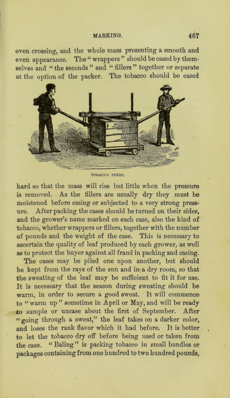 even crossing, and the whole mass presenting a smooth and even appearance. The “ wrappers ” should be cased by them- selves and “ the seconds ” and “ tillers ” together or separate at the option of the packer. The tobacco should be cased TOBACCO PRESS. hard so that the mass will rise but little when the pressure is removed. As the tillers are usually dry they must be moistened before casing or subjected to a very strong press- ure. After packing the cases should be turned on their sides, and the grower’s name marked on each case, also the kind of tobacco, whether wrappers or tillers, together with the number of pounds and the weight of the case. This is necessary to ascertain the quality of leaf produced by each grower, as well as to protect the buyer against all fraud in packing and casing. The cases may be piled one upon another, but should be kept from the rays of the sun and in a dry room, so that the sweating of the leaf may be sufficient to tit it for use. It is necessary that the season during sweating should be warm, in order to secure a good sweat. It will commence to “warm up ” sometime in April or May, and will be ready to sample or uncase about the tirst of September. After “ going through a sweat,” the leaf takes on a darker color, and loses the rank flavor which it had before. It is better to let the tobacco dry off before being used or taken from the case. “ Baling ” is packing tobacco in small bundles or packages containing from one hundred to two hundred pounds,
