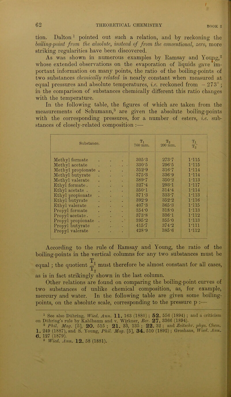 62 THEORETICAL CHEMISTRY BOOK I tion. Dalton1 pointed out such a relation, and by reckoning the boiling-point from the absolute, instead of from the conventional, zero, more striking regularities have been discovered. As was shown in numerous examples by Ramsay and You^ig,2 whose extended observations on the evaporation of liquids gave*im- portant information on many points, the ratio of the boiling-points of two substances chemically related is nearly constant when measured at equal pressures and absolute temperatures, i.e. reckoned from - 273°; in the comparison of substances chemically different this ratio changes with the temperature. In the following table, the figures of which are taken from the measurements of Schumann,3 are given the absolute boiling-points with the corresponding pressures, for a number of esters, i.e. sub- stances of closely-related composition :— Substance. Ti 700 mm. t2 200 mm. | Ti t2' Methyl formate 305-3 273-7 1-115 Methyl acetate 330-5 296-5 1-115 Methyl propionate . 352-9 316-7 1-114 Methyl butyrate 375-3 336-9 1-114 Methyl valerate 389-7 350-2 1-113 Ethyl formate.... 327-4 293-1 1-117 Ethyl acetate .... 350-1 314-4 1-114 Ethyl propionate 371-3 333-7 1-113 Ethyl butyrate 392-9 352-2 1-116 Ethyl valerate 407-3 365-3 1-115 Propyl formate 354-0 318-0 1-113 Propyl acetate.... 373-8 336-1 1-112 Propyl propionate . 395-2 355-0 1-113 Propyl butyrate 415-7 374-2 1-111 Propyl valerate 428-9 385-6 1-112 | According to the rule of Ramsay and Young, the ratio of the boiling-points in the vertical columns for any two substances must be as is in fact strikingly shown in the last column. Other relations are found on comparing the boiling-point curves of two substances of unlike chemical composition, as, for example, mercury and water. In the following table are given some boiling- points, on the absolute scale, corresponding to the pressure p :— 1 See also Diiliring, Wied. Ann. 11. 163 (1880) ; 52. 556 (1894) ; and a criticism on Diihring’s rule by Kahlbaum and v. Wirkner, Ber. 27. 3366 (1894). 2 Phil. Mag. [5], 20. 515; 21. 3&, 135; 22.32; and Zeitschr. phys. Chem. 1. 249 (1887), and S. Young, Phil. Mag. [5], 34. 510 (1892); Groslians, Wied. Ann. 6. 127 (1879).