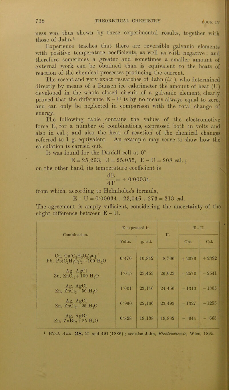 ness was thus shown by these experimental results, together with those of Jahn.1 Experience teaches that there are reversible galvanic elements with positive temperature coefficients, as well as with negative; and therefore sometimes a greater and sometimes a smaller amount of external work can be obtained than is equivalent to the heats of reaction of the chemical processes producing the current. The recent and very exact researches of Jahn (l.c.), who determined directly b}' means of a Bunsen ice calorimeter the amount of heat (U) developed in the whole closed circuit of a galvanic element, clearly proved that the difference E - U is by no means always equal to zero, and can only be neglected in comparison with the total change of energy. The following table contains the values of the electromotive force E, for a number of combinations, expressed both in volts and also in cal.; and also the heat of reaction of the chemical changes referred to 1 g. equivalent. An example may serve to show how the calculation is carried out. It was found for the Daniell cell at 0° E = 25,263, U = 25,055, E - U = 208 cal.; on the other hand, its temperature coefficient is = + 0-00034, from which, according to Helmholtz’s formula, E - U = 0-00034 . 23,046 . 273 = 213 cal. The agreement is amply sufficient, slight difference between E - U. Combination. E expressed in U. E- U. Volts. g.-cal. Obs. Cal. On, Cu(C2H302)2aq. Pb, Pb(C„H3O2)2+Y00 H20 0-470 10,842 8,766 + 2076 + 2392 Ag, AgCl Zn, ZnCb + 100 H20 1-015 23,453 26,023 - 2570 -2541 Ag, AgCl Zn, ZnCl2 + 50 H20 1-001 23,146 24,456 -1310 -1305 Ag, AgCl Zn, ZnCl2 + 25 H20 0-960 22,166 23,493 -1327 -1255 Ag, AgBr Zn, ZnBr2 + 25 PI20 0-828 19,138 19,882 - 644 - 663 considering the uncertainty of the 1 Wied. Ann. 28. 21 and 491 (1886); see also Jahn, Elektrochemie, Wien, 1895.