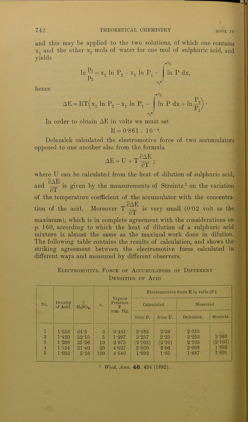 and this may be applied to the two solutions, of which one contains Xj and the other x2 mols of water for one mol of sulphuric acid, and yields In — = x2 In P2 - Xj In P1 - | In P dx, P2 hence AE = RT( x2 In P2 - xx In Px - In P dx + In In order to obtain AE in volts we must set R = 0-861 . 10-h Dolezalek calculated the electromotive force of two accumulators opposed to one another also from the formula 3AE AE = U + T 9T where U can be calculated from the heat of dilution of sulphuric acid, and is given by the measurements of Streintz1 on the variation of the temperature coefficient of the accumulator with the concentra- tion of the acid. Moreover T -g^ is very small (0-02 volt as the maximum), which is in complete agreement with the considerations on p. 160, according to which the heat of dilution of a sulphuric acid mixture is almost the same as the maximal work done in dilution. The following table contains the results of calculation, and shows the striking agreement between the electromotive force calculated in different ways and measured by different observers. Electromotive Force of Accumulators of Different Densities of Acid No. Density of Acid. % H0SO4. X. Vapour Pressure P mm. Hg. Electromotive force E in volts (0°). Calculated Measured from P. from U. Dolezalek. Streintz. 1 1-553 64-5 3 0-431 2-383 2-39 2-355 2 1-420 52-15 5 1-297 2-257 2-25 2-253 2-268 3 1-266 35-26 10 2-975 (2-103) (2-10) 2-103 (2-103) 4 1-154 21-40 20 4-027 2-000 2-06 2-008 1-992 5 1-035 5-16 100 4-540 1-892 1-85 1-887 1-891 1 Wied. Ann. 46. 454 (1892).