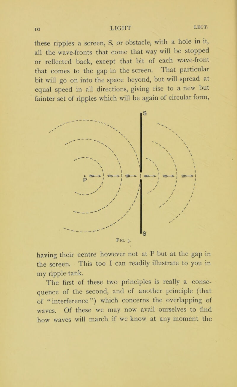 IO these ripples a screen, S, or obstacle, with a hole in it, all the wave-fronts that come that way will be stopped or reflected back, except that bit of each wave-front that comes to the gap in the screen. That particular bit will go on into the space beyond, but will spread at equal speed in all directions, giving rise to a new but fainter set of ripples which will be again of circular form, —>-1 *s>—> I >» > | »» > | »»—> m—>-1 Fig. 3. having their centre however not at P but at the gap in the screen. This too I can readily illustrate to you in my ripple-tank. The first of these two principles is really a conse- quence of the second, and of another principle (that of “interference”) which concerns the overlapping of waves. Of these we may now avail ourselves to find how waves will march if we know at any moment the