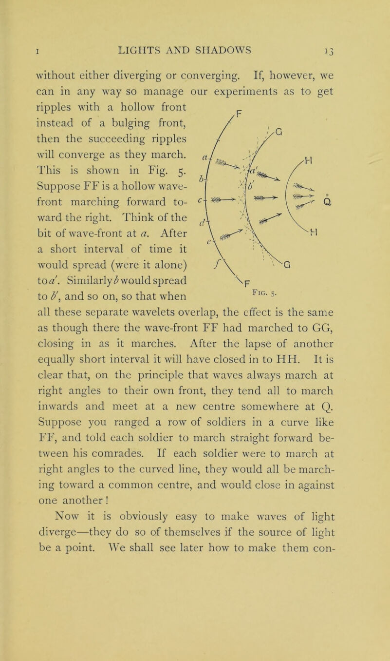 without either diverging or converging. If, however, we can in any way so manage our experiments as to get ripples with a hollow front instead of a bulging front, then the succeeding ripples will converge as they march. This is shown in Fig. 5. Suppose FF is a hollow wave- front marching forward to- ward the right. Think of the bit of wave-front at a. After a short interval of time it would spread (were it alone) to a. Similarly Wvould spread to b\ and so on, so that when all these separate wavelets overlap, the effect is the same as though there the wave-front FF had marched to GG, closing in as it marches. After the lapse of another equally short interval it will have closed in to HH. It is clear that, on the principle that waves always march at right angles to their own front, they tend all to march inwards and meet at a new centre somewhere at Q. Suppose you ranged a row of soldiers in a curve like FF, and told each soldier to march straight forward be- tween his comrades. If each soldier were to march at right angles to the curved line, they would all be march- ing toward a common centre, and would close in against one another! Now it is obviously easy to make waves of light diverge—they do so of themselves if the source of light be a point. We shall see later how to make them con-