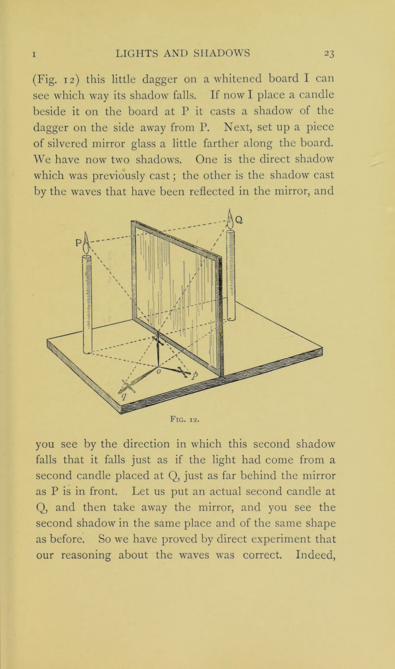 (Fig. 12) this little dagger on a whitened board I can see which -way its shadow falls. If now I place a candle beside it on the board at P it casts a shadow of the dagger on the side away from P. Next, set up a piece of silvered mirror glass a little farther along the board. We have now two shadows. One is the direct shadow which was previously cast; the other is the shadow cast by the waves that have been reflected in the mirror, and you see by the direction in which this second shadow falls that it falls just as if the light had come from a second candle placed at Q, just as far behind the mirror as P is in front. Let us put an actual second candle at Q, and then take away the mirror, and you see the second shadow in the same place and of the same shape as before. So we have proved by direct experiment that our reasoning about the waves was correct. Indeed,