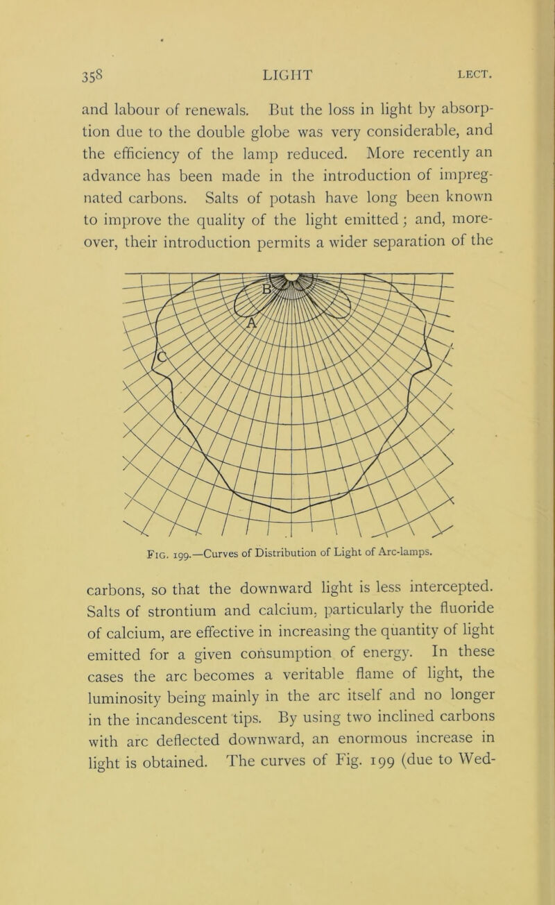 and labour of renewals. But the loss in light by absorp- tion due to the double globe was very considerable, and the efficiency of the lamp reduced. More recently an advance has been made in the introduction of impreg- nated carbons. Salts of potash have long been known to improve the quality of the light emitted; and, more- over, their introduction permits a wider separation of the Fig. 199.—Curves of Distribution of Light of Arc-lamps. carbons, so that the downward light is less intercepted. Salts of strontium and calcium, particularly the fluoride of calcium, are effective in increasing the quantity of light emitted for a given consumption of energy. In these cases the arc becomes a veritable flame of light, the luminosity being mainly in the arc itself and no longei in the incandescent tips. By using two inclined carbons with arc deflected downward, an enormous increase in light is obtained. The curves of Fig. 199 (due to Wed-