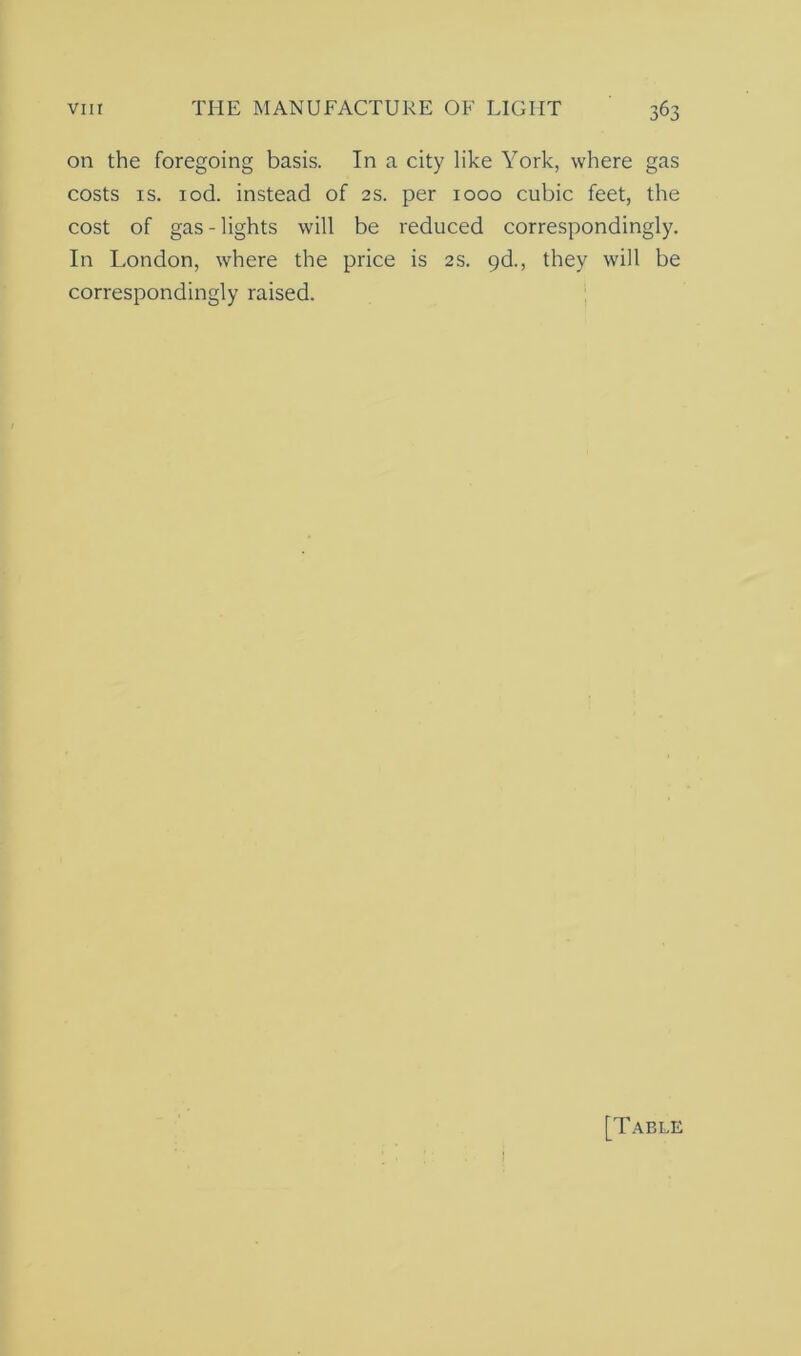 on the foregoing basis. In a city like York, where gas costs is. iod. instead of 2s. per 1000 cubic feet, the cost of gas-lights will be reduced correspondingly. In London, where the price is 2s. 9d., they will be correspondingly raised. [Table