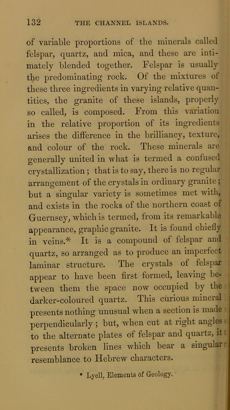 of variable proportions of the minerals called felspar, quartz, and mica, and these are inti- mately blended together. Felspar is usually the predominating rock. Of the mixtures of these three ingredients in varying relative quan- tities, the granite of these islands, properly so called, is composed. From this variation in the relative proportion of its ingredients arises the difference in the brilliancy, texture, and colour of the rock. These minerals are generally united in what is termed a confused crystallization; that is to say, there is no regular arrangement of the crystals in ordinary granite; but a singular variety is sometimes met with, and exists in the rocks of the northern coast of Guernsey, which is termed, from its remarkable appearance, graphic granite. It is found chiefly in veins.* It is a compound of felspar and ; quartz, so arranged as to produce an imperfect j laminar structure. The crystals of felspar : appear to have been first formed, leaving be- tween them the space now occupied by the : ‘ darker-coloured quartz. This curious mineral i presents nothing unusual when a section is made ; perpendicularly ; but, when cut at right angles ^ to the alternate plates of felspar and quartz, it J presents broken lines which bear a singular n resemblance to Hebrew characters. • Lyell, Elements of Geology.