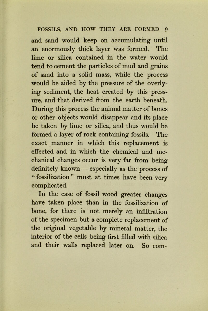 and sand would keep on accumulating until an enormously thick layer was formed. The lime or silica contained in the water would tend to cement the particles of mud and grains of sand into a solid mass, while the process would be aided by the pressure of the overly- ing sediment, the heat created by this press- ure, and that derived from the earth beneath. During this process the animal matter of bones or other objects would disappear and its place be taken by lime or silica, and thus would be formed a layer of rock containing fossils. The exact manner in which this replacement is effected and in which the chemical and me- chanical changes occur is very far from being definitely known — especially as the process of “ fossilization ” must at times have been very complicated. In the case of fossil wood greater changes have taken place than in the fossilization of bone, for there is not merely an infiltration of the specimen but a complete replacement of the original vegetable by mineral matter, the interior of the cells being first filled with silica and their walls replaced later on. So com-