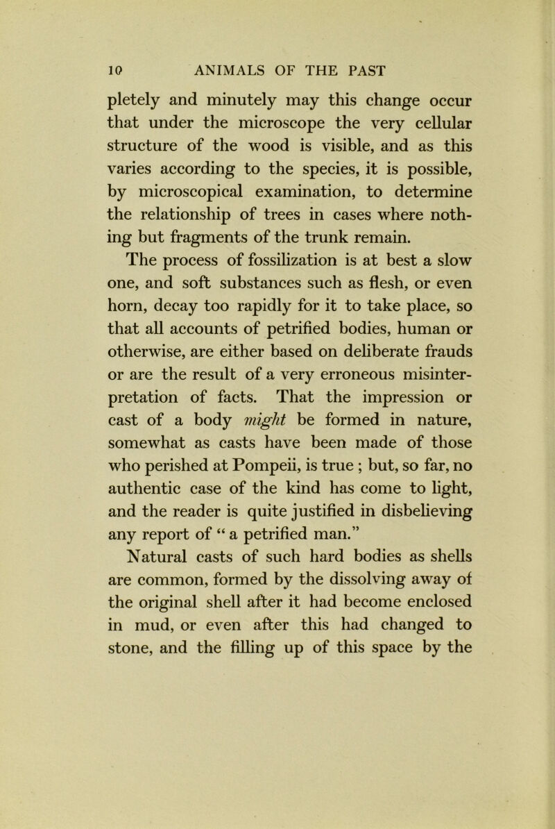 pletely and minutely may this change occur that under the microscope the very cellular structure of the wood is visible, and as this varies according to the species, it is possible, by microscopical examination, to determine the relationship of trees in cases where noth- ing but fragments of the trunk remain. The process of fossilization is at best a slow one, and soft substances such as flesh, or even horn, decay too rapidly for it to take place, so that all accounts of petrified bodies, human or otherwise, are either based on deliberate frauds or are the result of a very erroneous misinter- pretation of facts. That the impression or cast of a body might be formed in nature, somewhat as casts have been made of those who perished at Pompeii, is true ; but, so far, no authentic case of the kind has come to light, and the reader is quite justified in disbelieving any report of “ a petrified man.” Natural casts of such hard bodies as shells are common, formed by the dissolving away of the original shell after it had become enclosed in mud, or even after this had changed to stone, and the filling up of this space by the