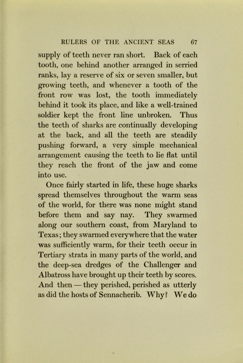 supply of teeth never ran short. Back of each tooth, one behind another arranged in serried ranks, lay a reserve of six or seven smaller, but growing teeth, and whenever a tooth of the front row was lost, the tooth immediately behind it took its place, and like a well-trained soldier kept the front line unbroken. Thus the teeth of sharks are continually developing at the back, and all the teeth are steadily pushing forward, a very simple mechanical arrangement causing the teeth to lie flat until they reach the front of the jaw and come into use. Once fairly started in life, these huge sharks spread themselves throughout the warm seas of the world, for there was none might stand before them and say nay. They swarmed along our southern coast, from Maryland to Texas; they swarmed everywhere that the water was sufficiently warm, for their teeth occur in Tertiary strata in many parts of the world, and the deep-sea dredges of the Challenger and Albatross have brought up their teeth by scores. And then — they perished, perished as utterly as did the hosts of Sennacherib. Why? We do