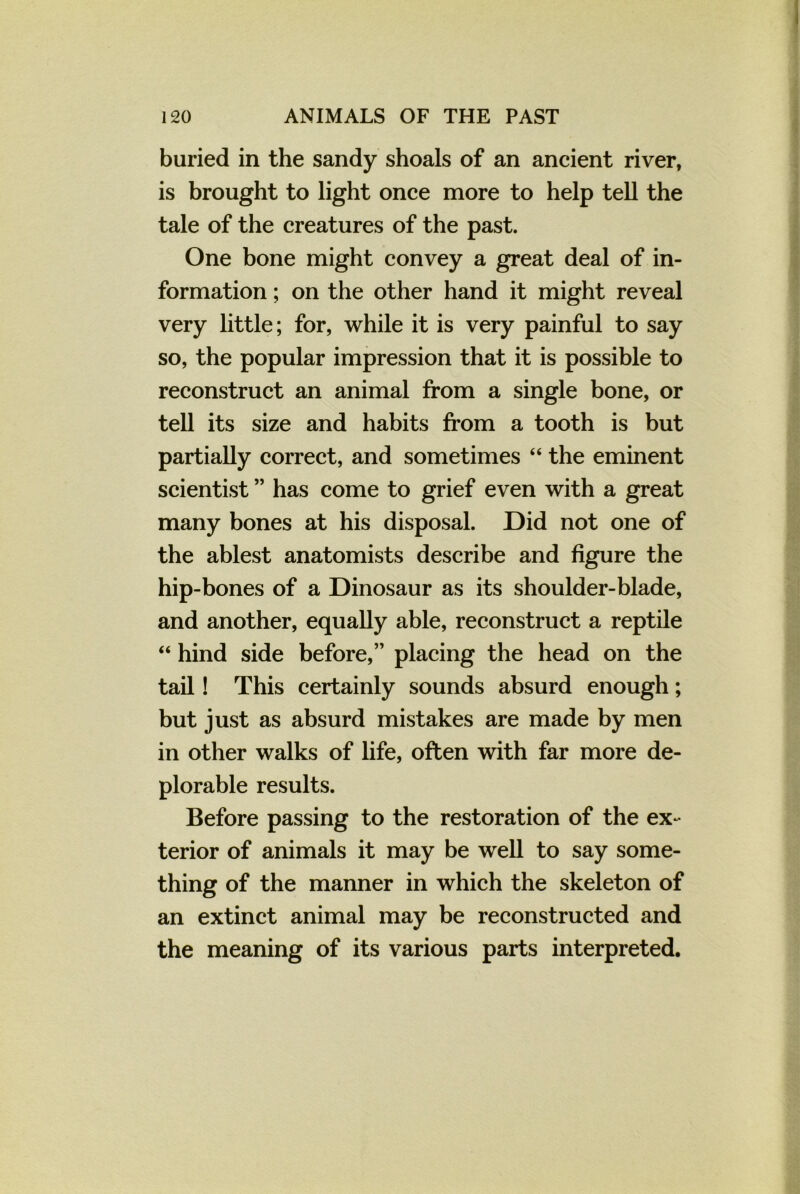 buried in the sandy shoals of an ancient river, is brought to light once more to help tell the tale of the creatures of the past. One bone might convey a great deal of in- formation ; on the other hand it might reveal very little; for, while it is very painful to say so, the popular impression that it is possible to reconstruct an animal from a single bone, or tell its size and habits from a tooth is but partially correct, and sometimes “ the eminent scientist ” has come to grief even with a great many bones at his disposal. Did not one of the ablest anatomists describe and figure the hip-bones of a Dinosaur as its shoulder-blade, and another, equally able, reconstruct a reptile “ hind side before,” placing the head on the tail! This certainly sounds absurd enough; but just as absurd mistakes are made by men in other walks of life, often with far more de- plorable results. Before passing to the restoration of the ex- terior of animals it may be well to say some- thing of the manner in which the skeleton of an extinct animal may be reconstructed and the meaning of its various parts interpreted.