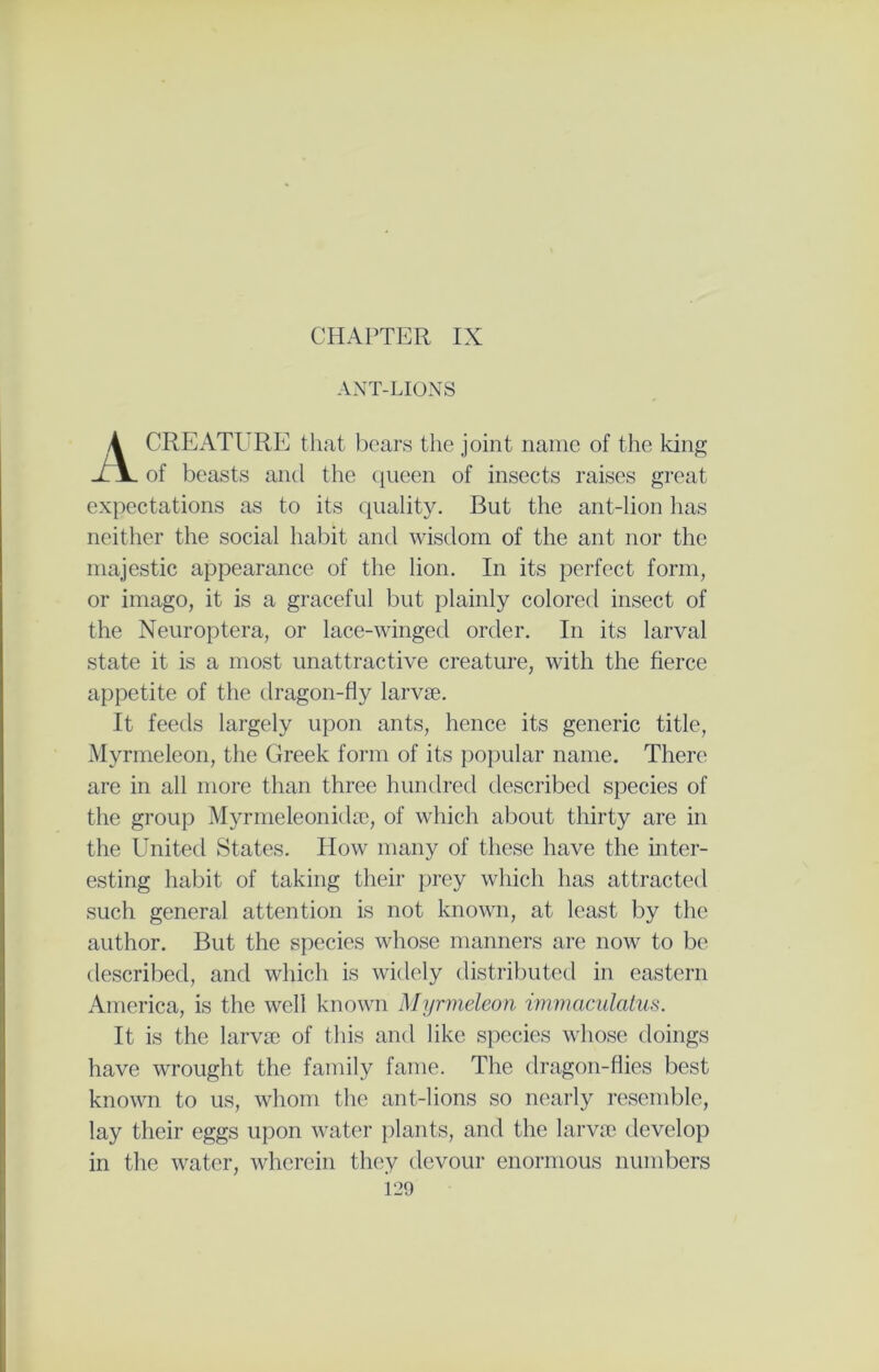 CHAPTER IX ANT-LIONS A CREATURE that bears the joint name of the king of beasts and the queen of insects raises great expectations as to its quality. But the ant-lion has neither the social habit and wisdom of the ant nor the majestic appearance of the lion. In its perfect form, or imago, it is a graceful but plainly colored insect of the Neuroptera, or lace-winged order. In its larval state it is a most unattractive creature, with the fierce appetite of the dragon-fly larvae. It feeds largely upon ants, hence its generic title, Myrmeleon, the Greek form of its popular name. There are in all more than three hundred described species of the group Myrmeleonidae, of which about thirty are in the United States. How many of these have the inter- esting habit of taking their prey which has attracted such general attention is not known, at least by the author. But the species whose manners are now to be described, and which is widely distributed in eastern America, is the well known Myrmeleon immaculatus. It is the larvae of this and like species whose doings have wrought the family fame. The dragon-flies best known to us, whom the ant-lions so nearly resemble, lay their eggs upon water plants, and the larvae develop in the water, wherein they devour enormous numbers