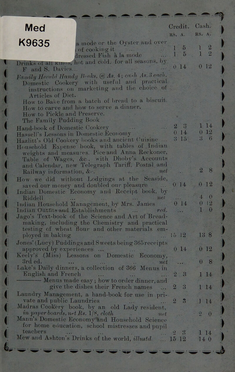 Credit.. R.S. A. a mode or the Oyster and ovei of cooking it dressed Fish ii la mode rinks of all iClinis, lint and cold, for all sea seasons, by F and S. Davies. Family Herald Handy li-oke, @ As. 4; cash As. A each. Domestic Cookery with useful and practical instructions on marketing and the choice of Articles of Diet. How to Bake from a batch of bread to a biscuit. How to carve and how to serve a dinner. How to Pickle and Preserve. The Family Pudding Book Hand-book of Domestic ('ookery Hassell's Lessons in Domestic Economy Ha/ditt’s Old Cookery books and ancient Cuisine ... Household Expense book, with tables of Indian weights and measures. Pice and Anna Reckoner, Table of Wages, &c . with Dhoby’s Accounts and Calendar, new Telegraph Tariff'. Postal and Railway information, &<•. ... net 1 5 1 5 0 14 2 3 0 14 3 15 How we did without Lodgings at the Seaside, saved our money and doubled our pleasure ... 0 14 Indian Domestic Economy and Receipt book, by Riddell ... ... •• net Indian Household Management, by Mrs. James 0 14 Indian Outfits and Establishments ... red. Jago’s Text-book of the Science and Art of Bread- making, including the Chemistry and practical testing of wheat flour and other materials em- ployed in baking ... ... ... 15 12 Jones’ (Lucy) Puddings and Sweets being 365receipts approved by experiences ... ... .0 14 Keely’s (Miss) Lessons on Domestic Economy, 3rd ed. ... ... .. net Lake’s Daily dinners, a collection of 366 Menus in English and French ... ... ... 2 3 Menus made easy ; how to order dinner, and give the dishes their French names ... 2 3 Laundry Management, a hand-book for use in pri- vate and public Laundries ... ... 2 3 Madras Cookery book, by an old Lady resident, in paper board?, net Bs. 1/8, cloth . net Mann’s Domestic Economy find Household Science for home education, school mistresses and pupil teachers ... ... ... 2 3 Cash. RS, A. 1 2 1 2 0 12 1 14 0 12 3 6 2 8 0 12 4 0 0 12 1 0 13 8 0 12 0 8 1 14 1 14 1 14 2 0 1 14