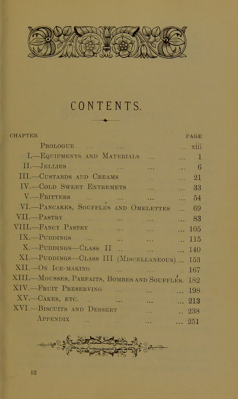 CONTENTS. CHAPTER PAGE Prologue ... ... ... xiii I.—Equipments and Materials ... ... l II.—Jellies ... ... ... 6 III. —Custards and Creams ... ... 21 IV. —Cold Sweet Entremets ... ... 33 V.—Fritters ... ... ... ... 54 VI.—Pancakes, Souffles and Omelettes ... 69 VII.—Pastry ... ... ... 83 VIII.—Fancy Pastry ... ... 105 IX.—Puddings ... ... ... ..115 X.—-Puddings—Class II ... ... ... 140 XI.—Puddings—Class III (Miscellaneous)... 153 XII.—On Ice-making ... ... 457 XIII-—-Mousses, Parfaits, Bombes and Souffles. 182 XIV.—Fruit Preserving XV.—Cakes, etc. ... XVI.—Biscuits and Dessert Appendix ... 198 ... 213 .. 238 ... 251 62