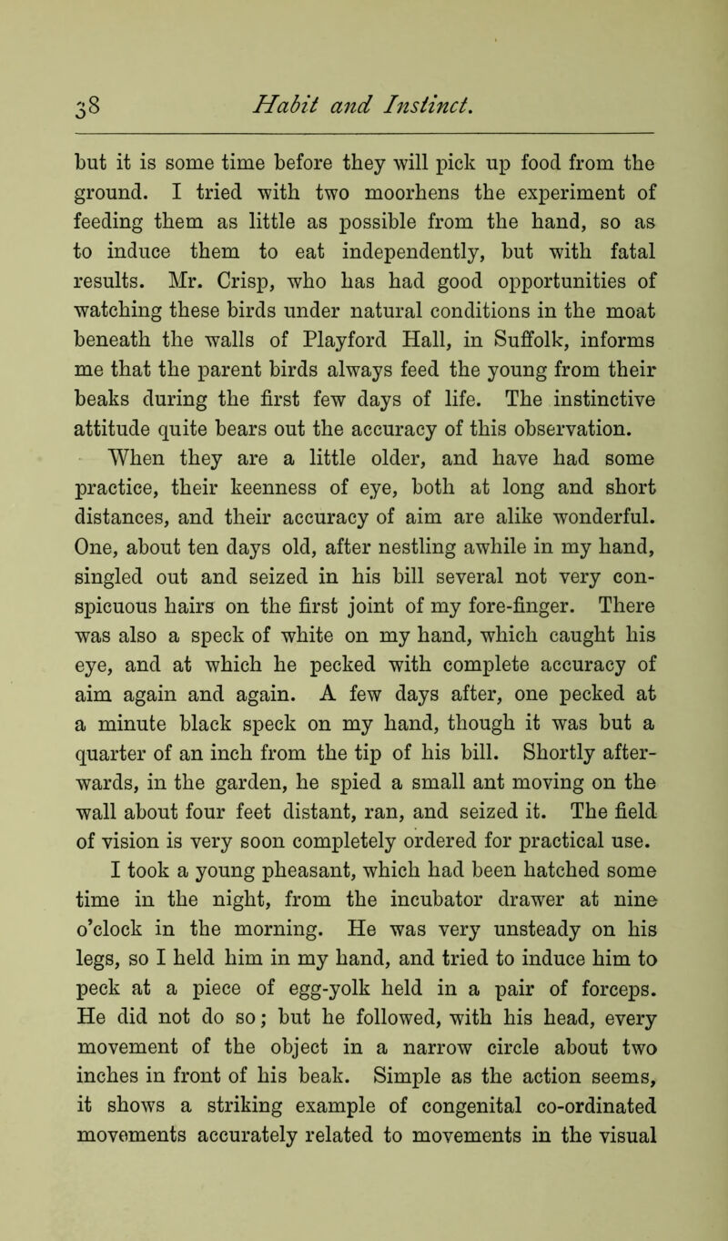 but it is some time before they will pick up food from the ground. I tried with two moorhens the experiment of feeding them as little as possible from the hand, so as to induce them to eat independently, but with fatal results. Mr. Crisp, who has had good opportunities of watching these birds under natural conditions in the moat beneath the walls of Playford Hall, in Suffolk, informs me that the parent birds always feed the young from their beaks during the first few days of life. The instinctive attitude quite bears out the accuracy of this observation. When they are a little older, and have had some practice, their keenness of eye, both at long and short distances, and their accuracy of aim are alike wonderful. One, about ten days old, after nestling awhile in my hand, singled out and seized in his bill several not very con- spicuous hairs on the first joint of my fore-finger. There was also a speck of white on my hand, which caught his eye, and at which he pecked with complete accuracy of aim again and again. A few days after, one pecked at a minute black speck on my hand, though it was but a quarter of an inch from the tip of his bill. Shortly after- wards, in the garden, he spied a small ant moving on the wall about four feet distant, ran, and seized it. The field of vision is very soon completely ordered for practical use. I took a young pheasant, which had been hatched some time in the night, from the incubator drawer at nine o’clock in the morning. He was very unsteady on his legs, so I held him in my hand, and tried to induce him to peck at a piece of egg-yolk held in a pair of forceps. He did not do so; but he followed, with his head, every movement of the object in a narrow circle about two inches in front of his beak. Simple as the action seems, it shows a striking example of congenital co-ordinated movements accurately related to movements in the visual