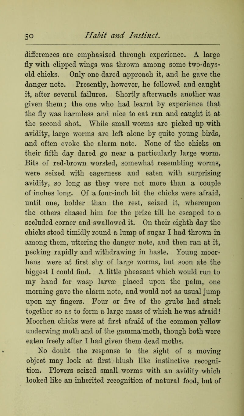 differences are emphasized through experience. A large fly with clipped wings was thrown among some two-days- old chicks. Only one dared approach it, and he gave the danger note. Presently, however, he followed and caught it, after several failures. Shortly afterwards another was given them; the one who had learnt by experience that the fly was harmless and nice to eat ran and caught it at the second shot. While small worms are picked up with avidity, large worms are left alone by quite young birds, and often evoke the alarm note. None of the chicks on their fifth day dared go near a particularly large worm. Bits of red-brown worsted, somewhat resembling worms, were seized with eagerness and eaten with surprising avidity, so long as they were not more than a couple of inches long. Of a four-inch bit the chicks were afraid, until one, bolder than the rest, seized it, whereupon the others chased him for the prize till he escaped to a secluded corner and swallowed it. On their eighth day the chicks stood timidly round a lump of sugar I had thrown in among them, uttering the danger note, and then ran at it, pecking rapidly and withdrawing in haste. Young moor- hens were at first shy of large worms, but soon ate the biggest I could find. A little pheasant which would run to my hand for wasp larvae placed upon the palm, one morning gave the alarm note, and would not as usual jump upon my fingers. Four or five of the grubs had stuck together so as to form a large mass of which he was afraid! Moorhen chicks were at first afraid of the common yellow underwing moth and of the gammaimoth, though both were eaten freely after I had given them dead moths. No doubt the response to the sight of a moving object may look at first blush like instinctive recogni- tion. Plovers seized small worms with an avidity which looked like an inherited recognition of natural food, but of