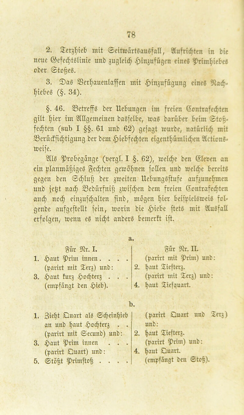 2. Ser3r;ieB mit ©eittoartgaugfati, Siufric^ten in bie neue ®efed;tgUnie unb 3ugleic^ ^in3ufügen eineg ^rim^iefceg ober ©to^eg. 3. ®ag 3SerI;auenIaffen mit ^in3ufügung eineg r;ieBeg (§. 34). §. 46. 33etrejfg ber UeBungen im freien Gontrafec^ten gilt l;ier im Slltgemeinen bagfelBe, loag barüBer Beim ©tD§= fechten (sub I §§. 61 unb 62) gefagt tourbe, natürlich mit SSerücffi^tigung ber bem ^ieBfed)ten eigent§ümlic^en 2lctiong= loeife. 5llg ^roBegange (oergl. I §. 62), toelc^e ben Gleoen an ein planmd^igeg gelten geiool^nen foHen unb welche Bereitg gegen ben ©(^lu^ ber 3Weiten UeBunggftufe auf3une§men unb je^t nac^ Ißebürfnij^ 3i»ilc^en bem freien Gontrafecf)ten aui^ no(| eiu3uf(^alten finb, mögen l;ier Beifpiclgtoeig foI= genbe aufgefteUt fein, morin bie ^ieBe ftetg mit Slugfall erfolgen, toenn eg ni(|t anberg Bemerft ift. gilt Slv. I. 1. ^aut ^rim innen . . (parirt mit S:er3) unb: 3. ^)nut fut3 .&oc^ter3 . (empfangt ben ^)ieB). gnr 9lr. II. (parirt mit ^rim) unb: 2. Siefters. (parirt mit 2er3) unb: 4. ^aut Siefquart. b. 1. 3ieBl olä ©d^einl>ieb an unb Böut ^ocBter3 . . (parirt mit ©ecunb) unb: 3. ^aut ^rim innen . . . (parirt Quart) unb: 5. ©to§t ^rimfto^ . . . . (parirt Quart unb Scrj) unb: 2. l^aut Siefter3. (parirt f>rim) unb: 4. Quart. (empfangt ben ©tc§).