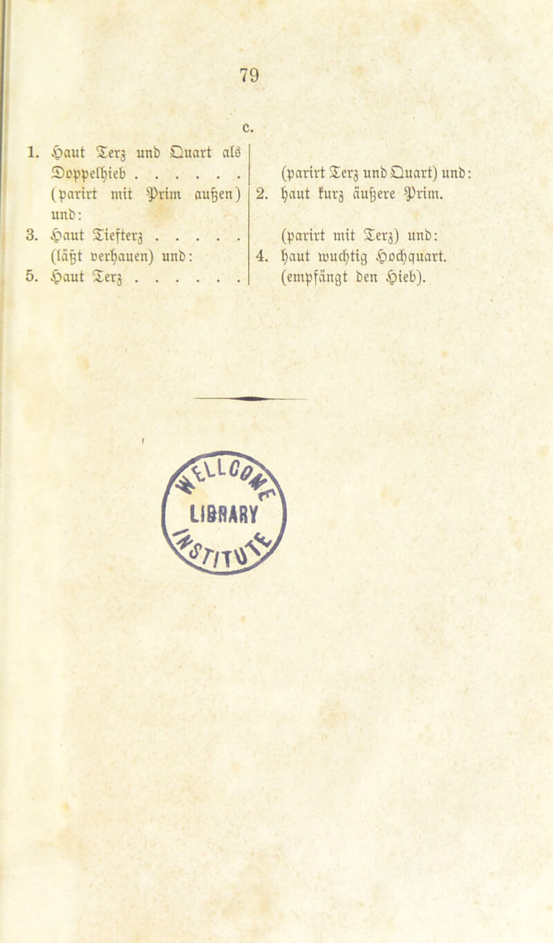 c. 1. ^)aut Serj unb Quart alä Soppef^ieb (parirt mit ^rim au^en) unb: 3. ^'aut Sieftevj ((äpt uer'^auen) unb: 5. .^aut Serj (parirt SLerj unb Quart) unb 2. ^aut furj äußere ^rim. (parirt mit Serj) unb: 4. ^aut mucf)tig .^od^quart. (empfangt ben ^ieb).